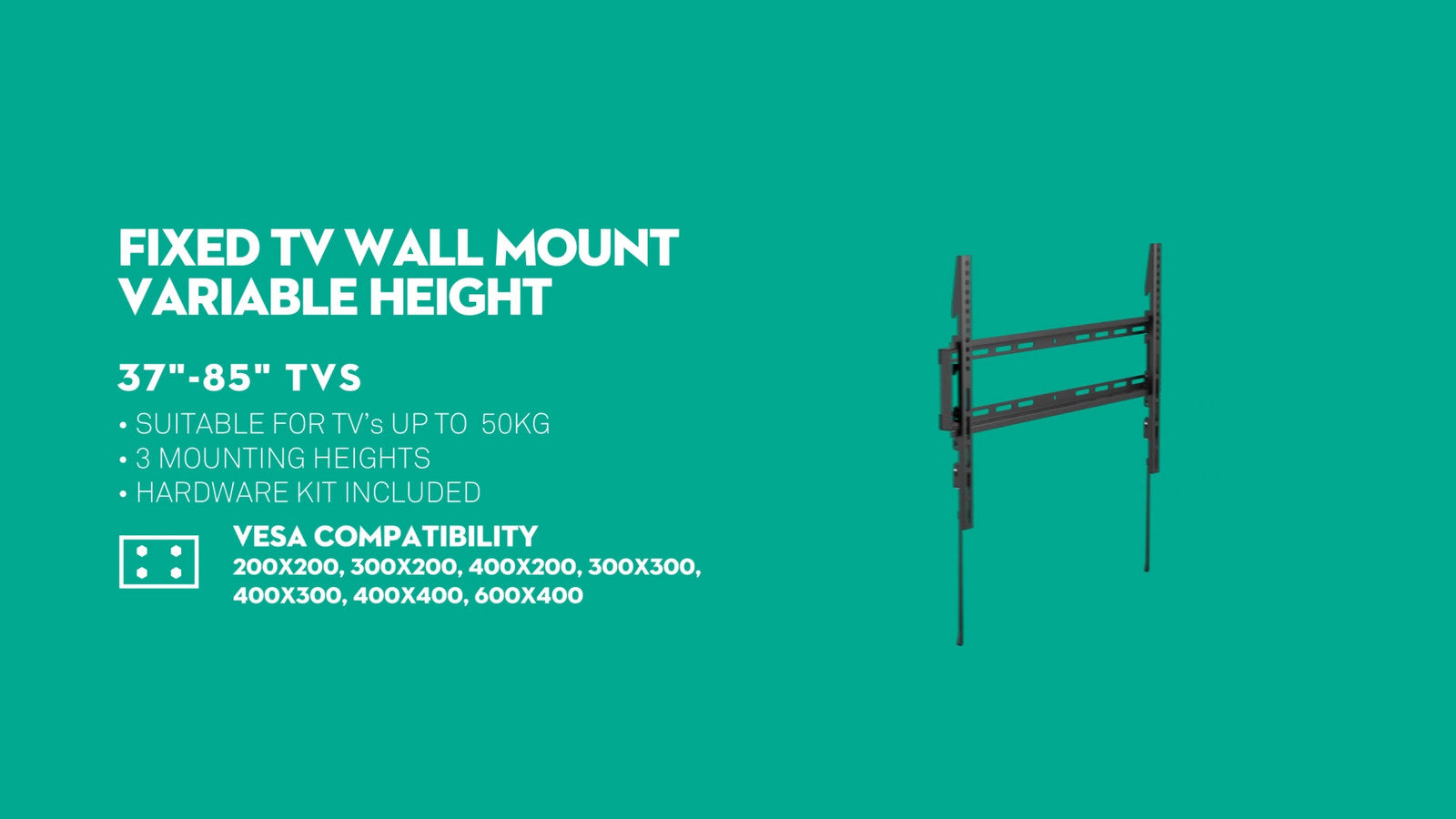 Practa Variable Height Fixed TV Wall Mount PRWMFL 37-85 inch Black Steel, Lateral Shift, Hardware Included