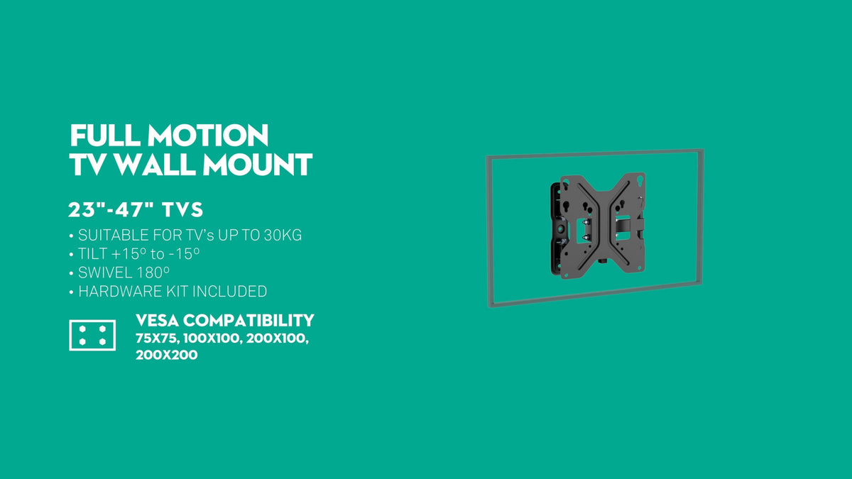 Practa Full Motion TV Wall Mount PRWMFMS 23-47 inch Black Steel, Swivel Tilt, Hardware Included