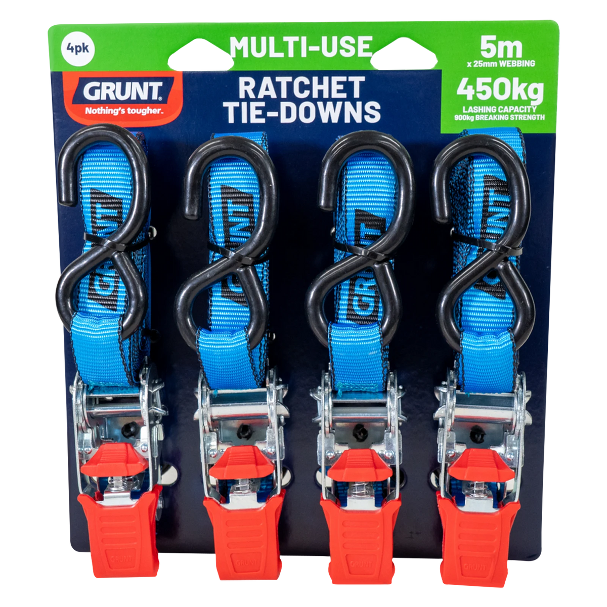 Grunt 25mm x 5m 450kg Ratchet Tie Down - 4 Pack