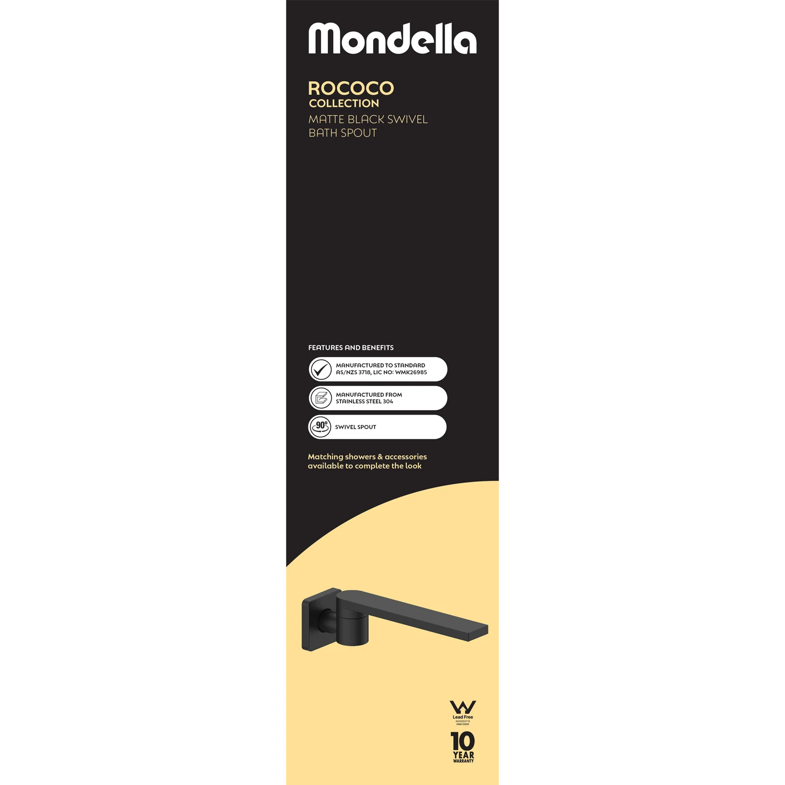 Mondella Matte Black Rococo Swivel Bath Spout 304 Stainless WaterMark 500kPa