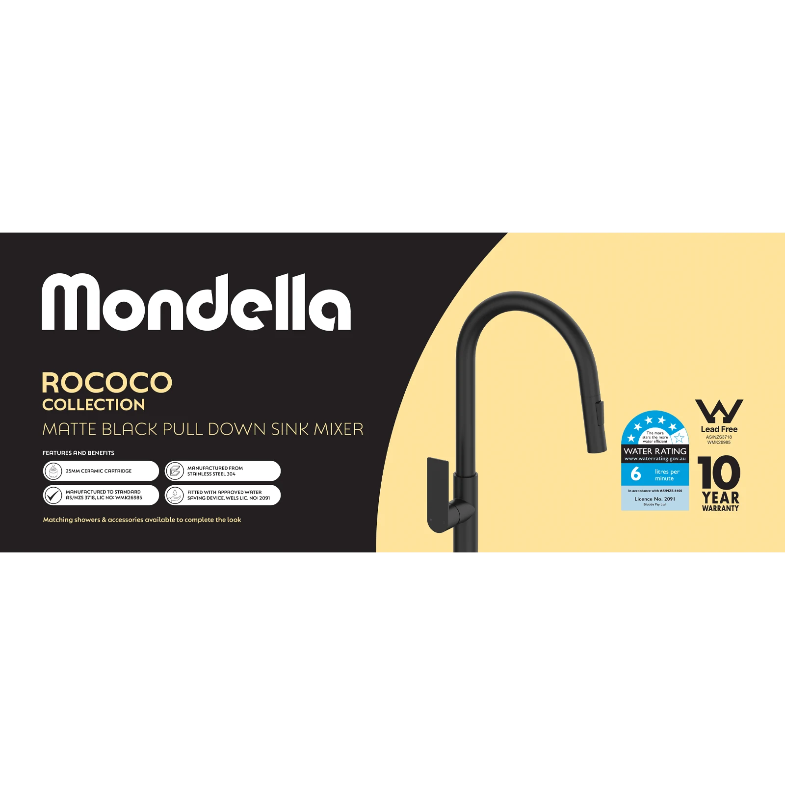 Mondella Matte Black Rococo Pull Down Sink Mixer 304 Stainless 6L/min WELS 5 Star