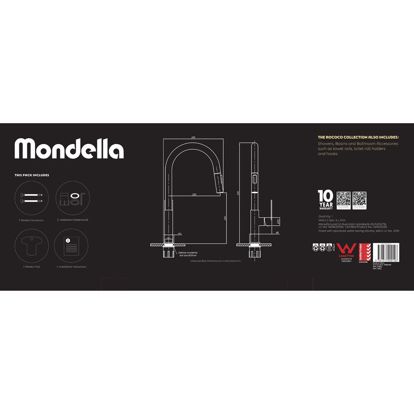 Mondella Matte Black Rococo Pull Down Sink Mixer 304 Stainless 6L/min WELS 5 Star