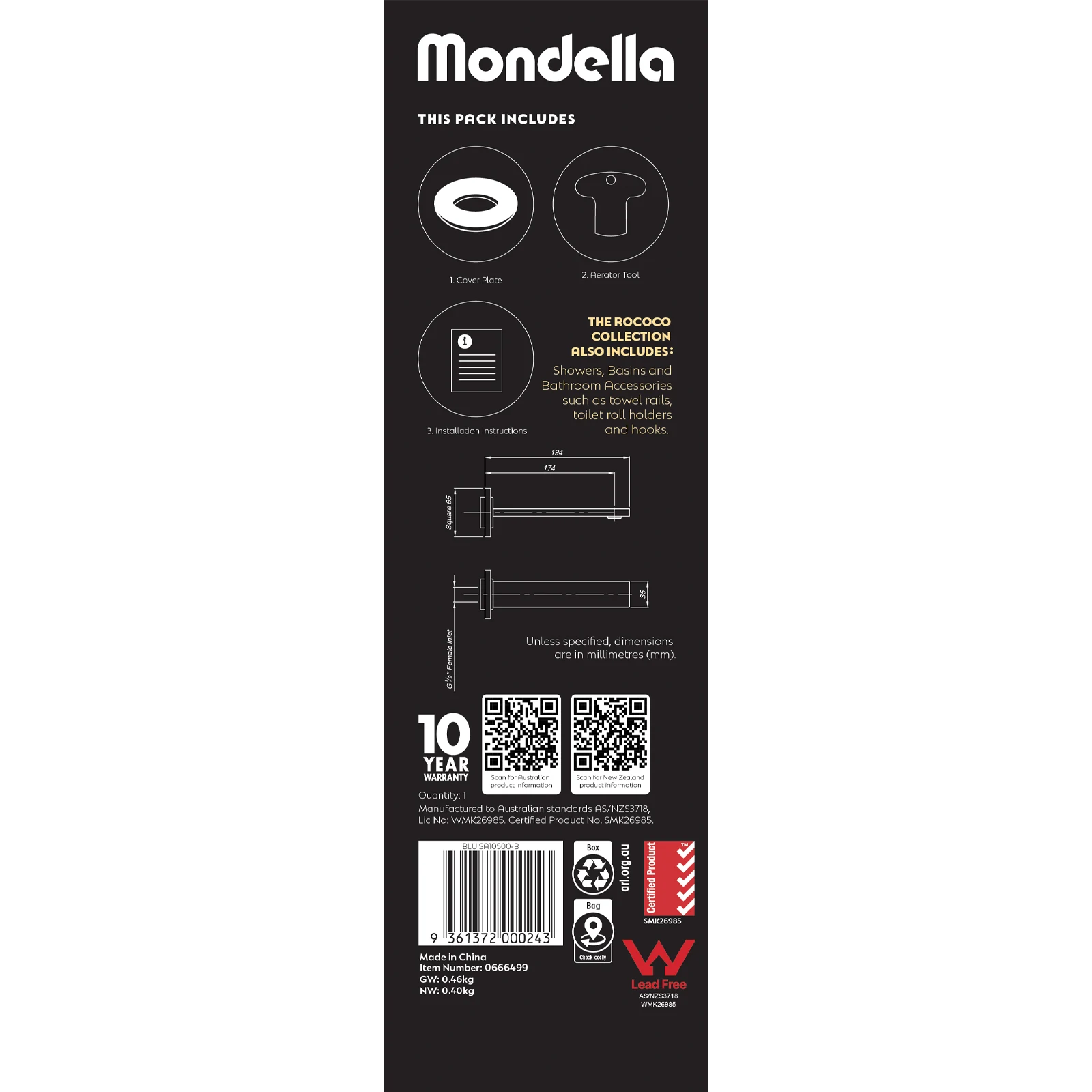 Mondella Matte Black Rococo Bath Spout 304 Stainless 200mm WaterMark