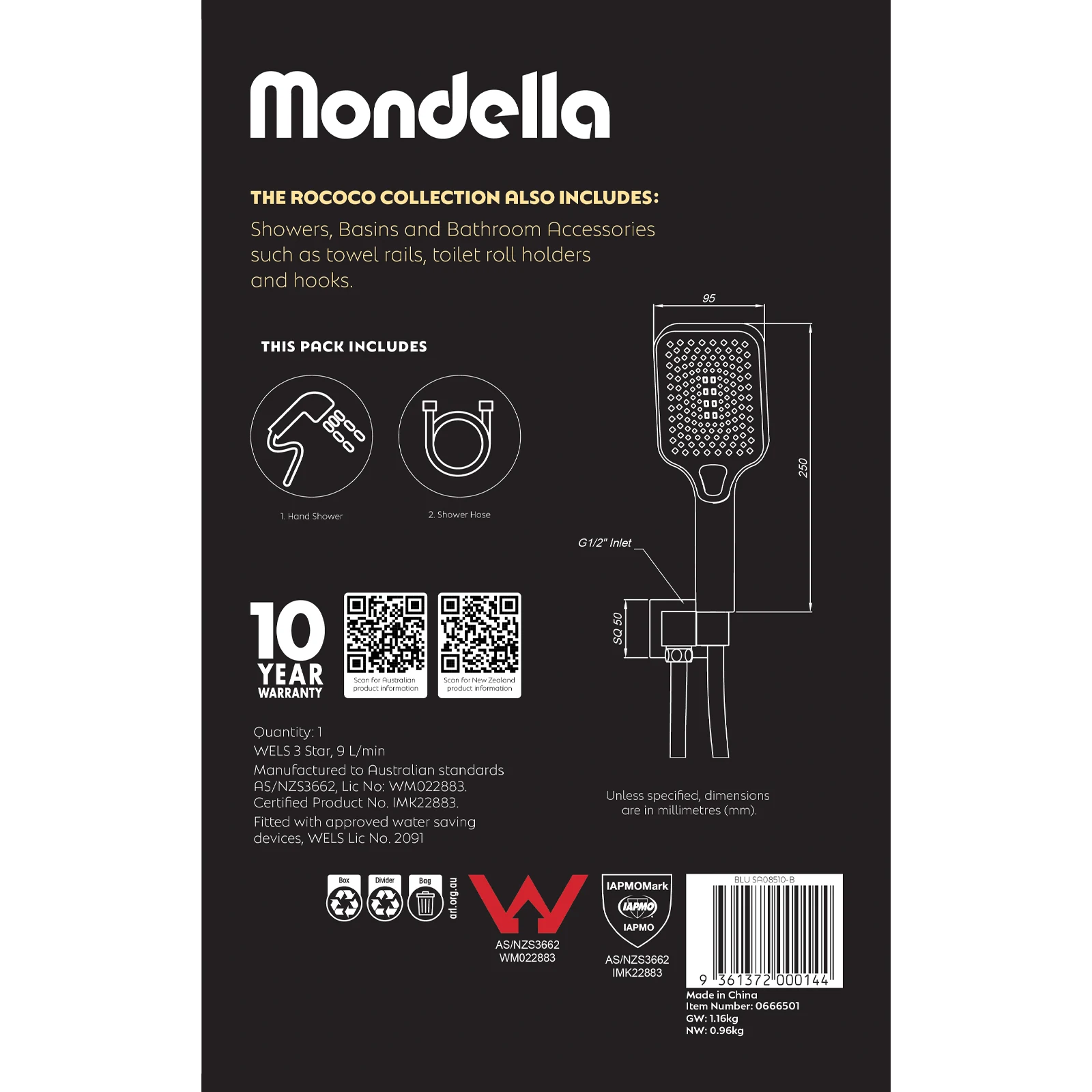Mondella Matte Black Rococo Multifunction Hand Shower Set 9L/min WELS 3 Star 4 Spray