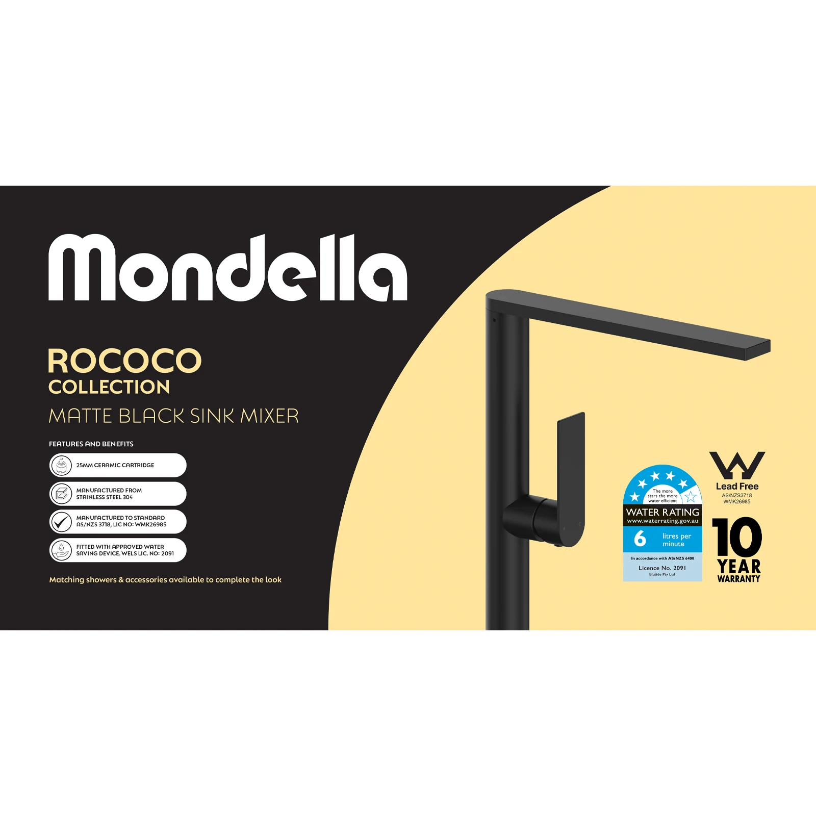 Mondella Matte Black Rococo Sink Mixer 304 Stainless 6L/min WELS 5 Star