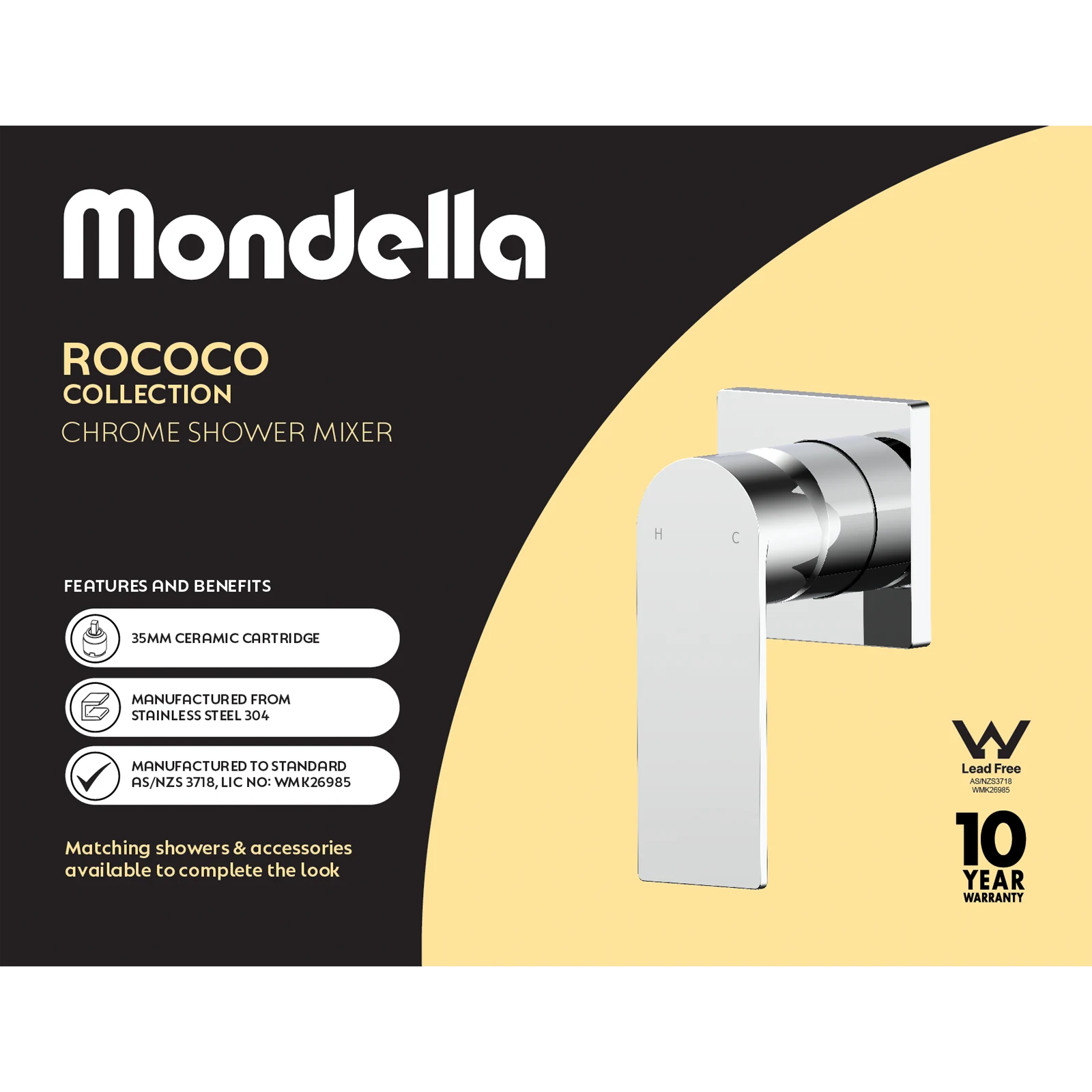 Mondella Chrome Rococo Shower Mixer 304 Stainless Single Lever Inwall 35mm