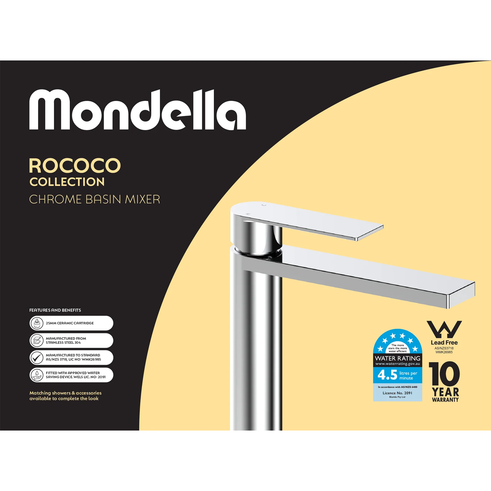 Mondella Chrome Rococo Basin Mixer 304 Stainless 4.5L/min WELS 6 Star