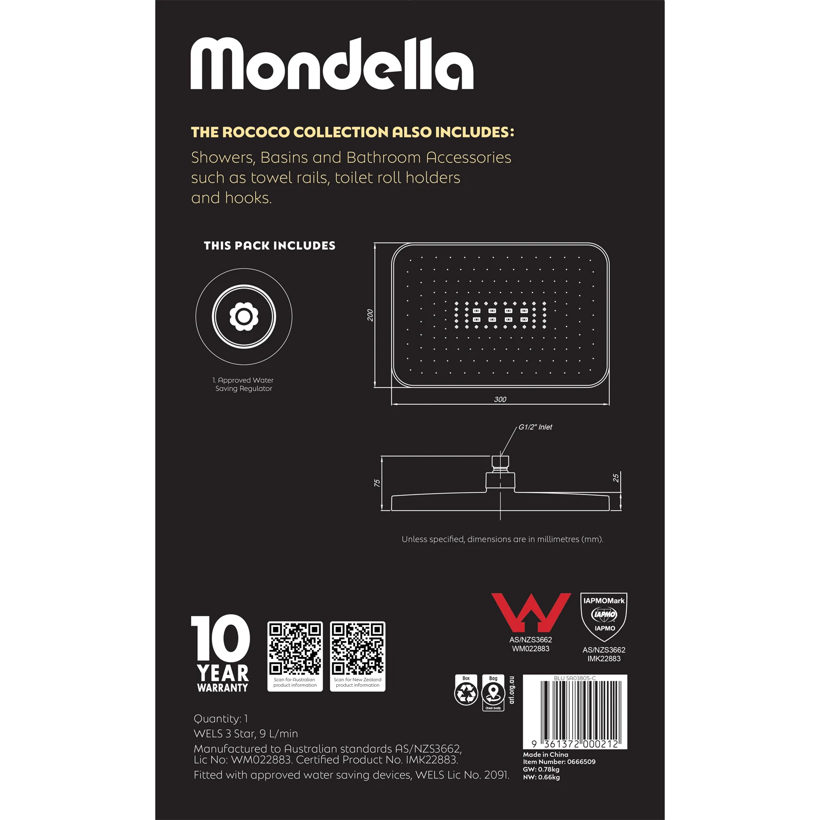 Mondella Chrome Rococo Rectangular Rain Shower Head 300mm 9L/min WELS 3 Star