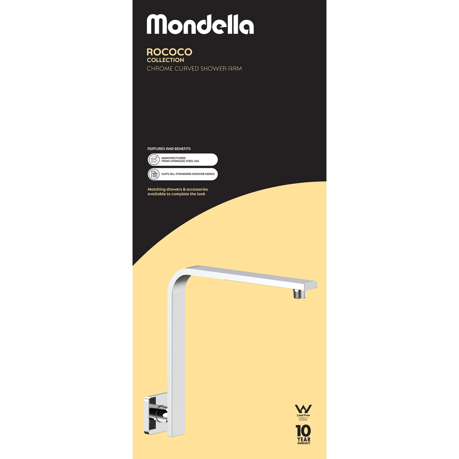 Mondella Chrome Rococo Curved Shower Arm 304 Stainless Horizontal