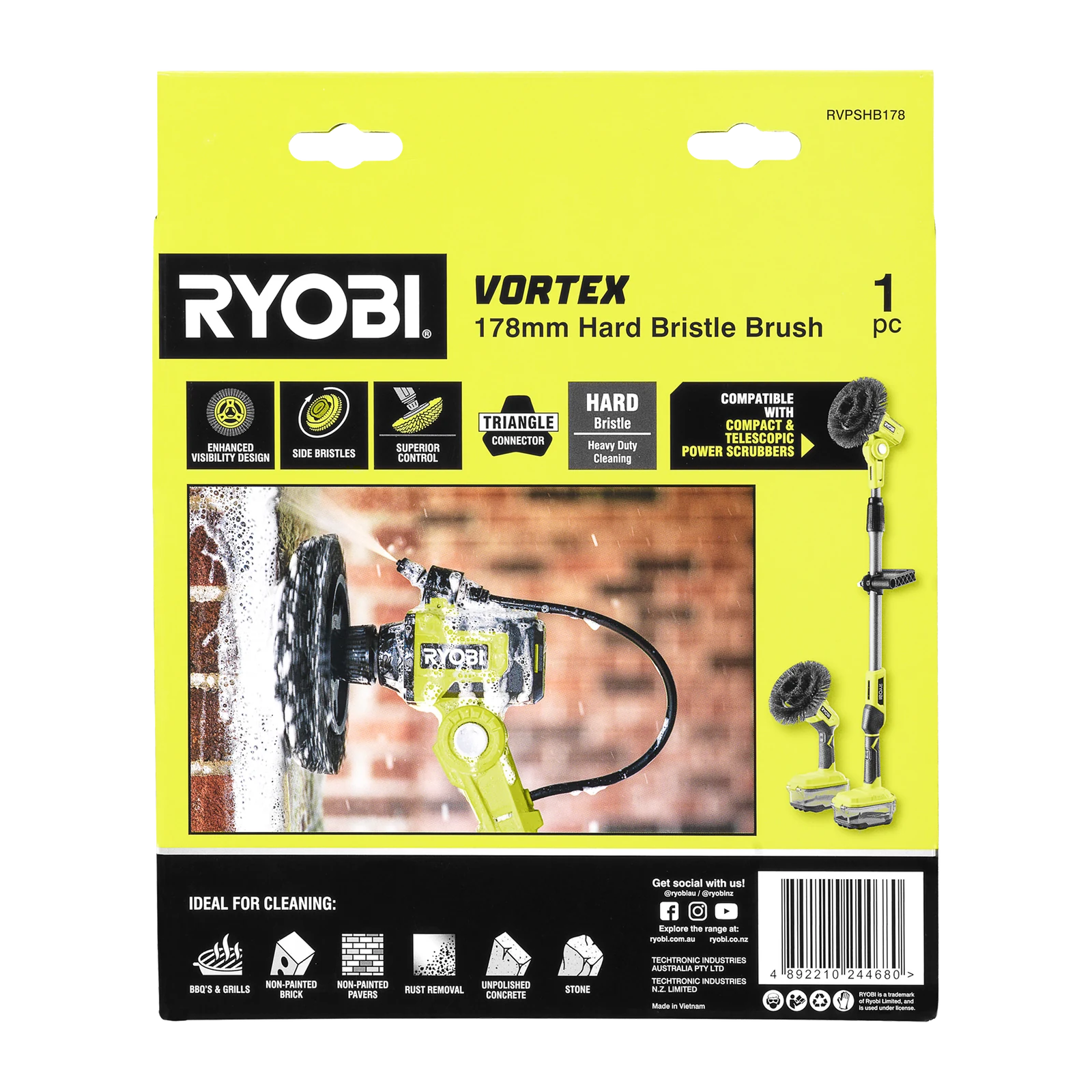 Ryobi Hard Bristle Power Scrubber Brush 178mm Outdoor Cleaning Brush