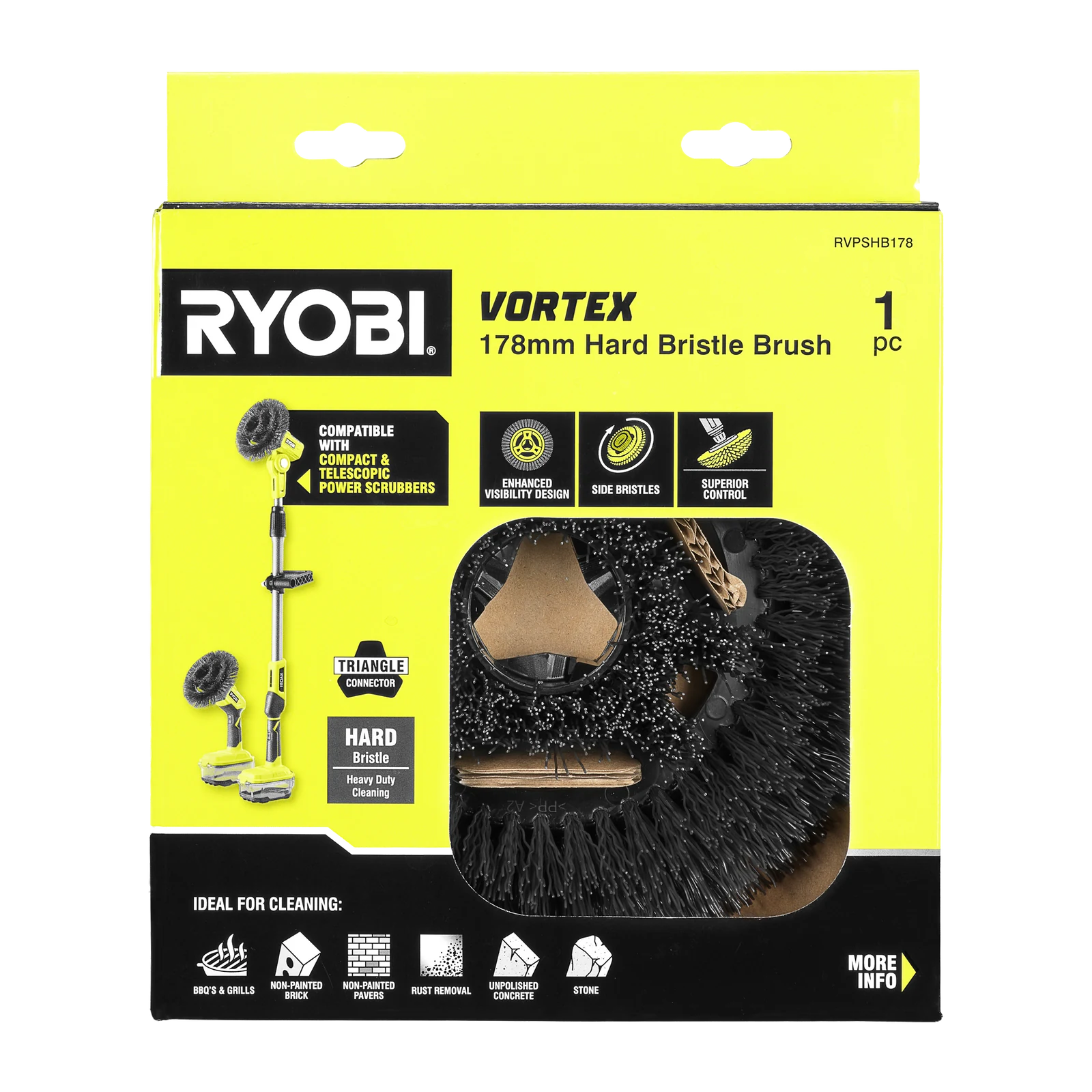 Ryobi Hard Bristle Power Scrubber Brush 178mm Outdoor Cleaning Brush