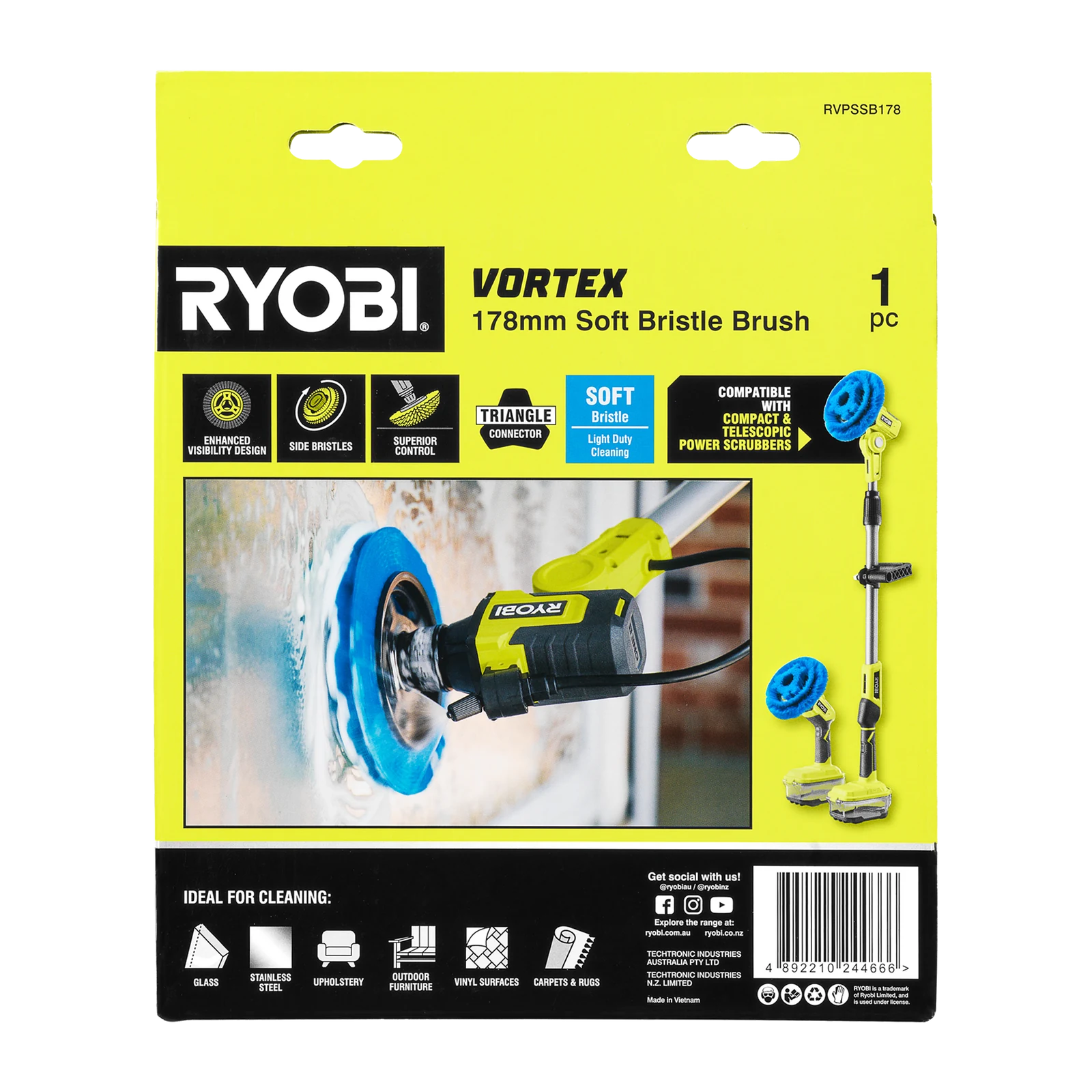 Ryobi Soft Bristle Power Scrubber Brush 178mm Light Duty Cleaning Brush