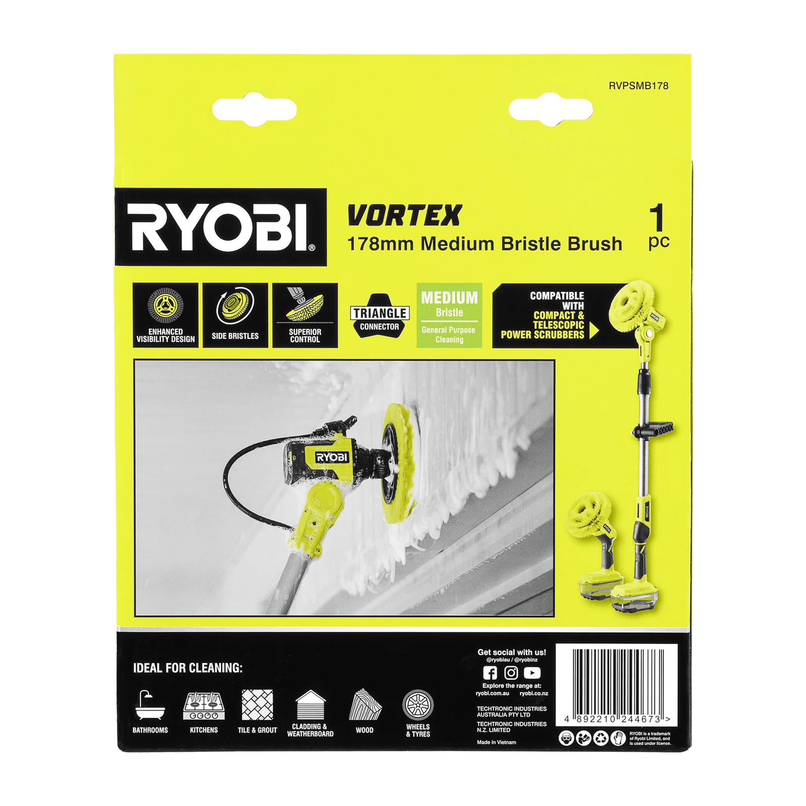 Ryobi 178mm Medium Bristle Power Scrubber Brush Attachment