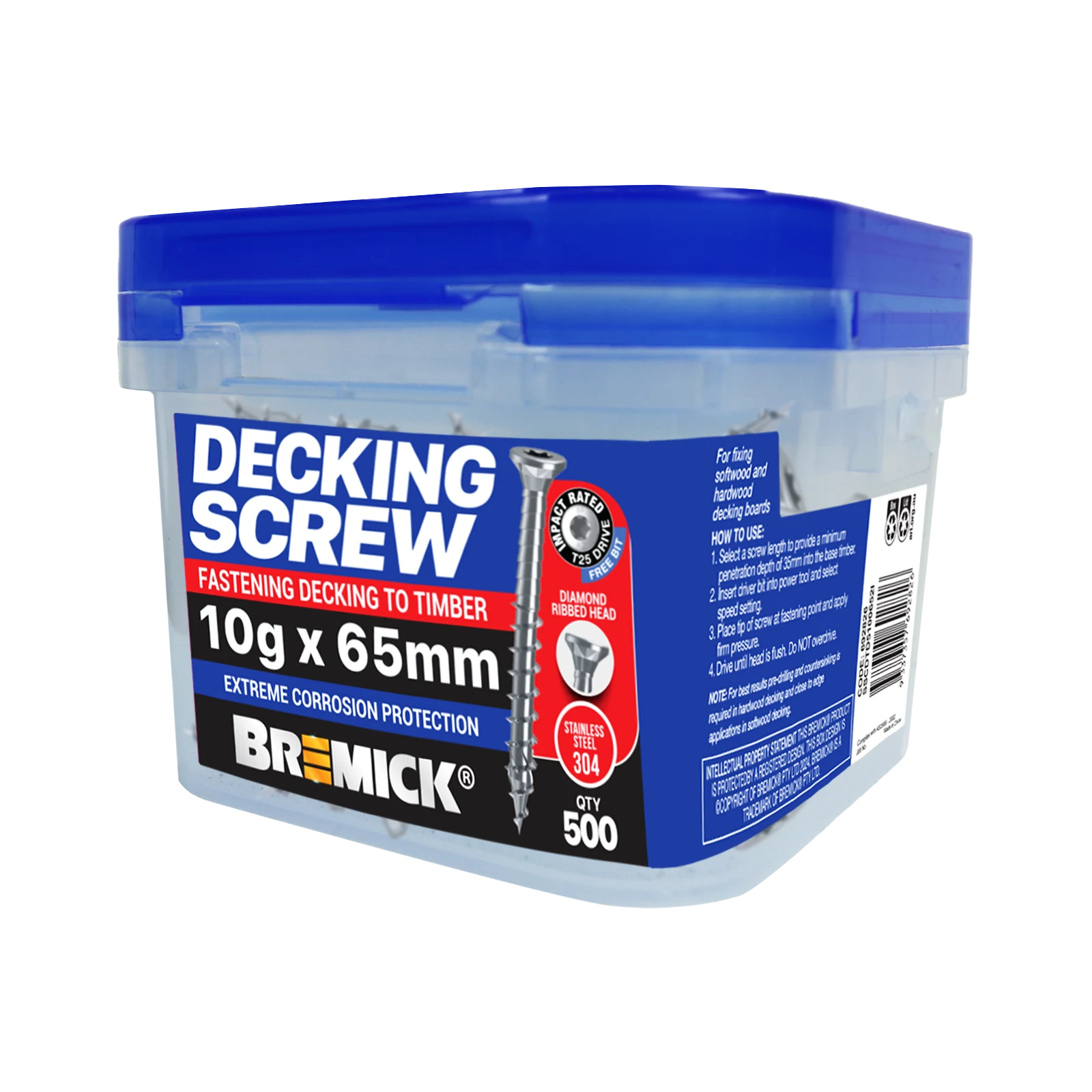 Bremick 10g x 65mm 304 Stainless Steel Spiral Rib T25 Decking Screw 500 Pack