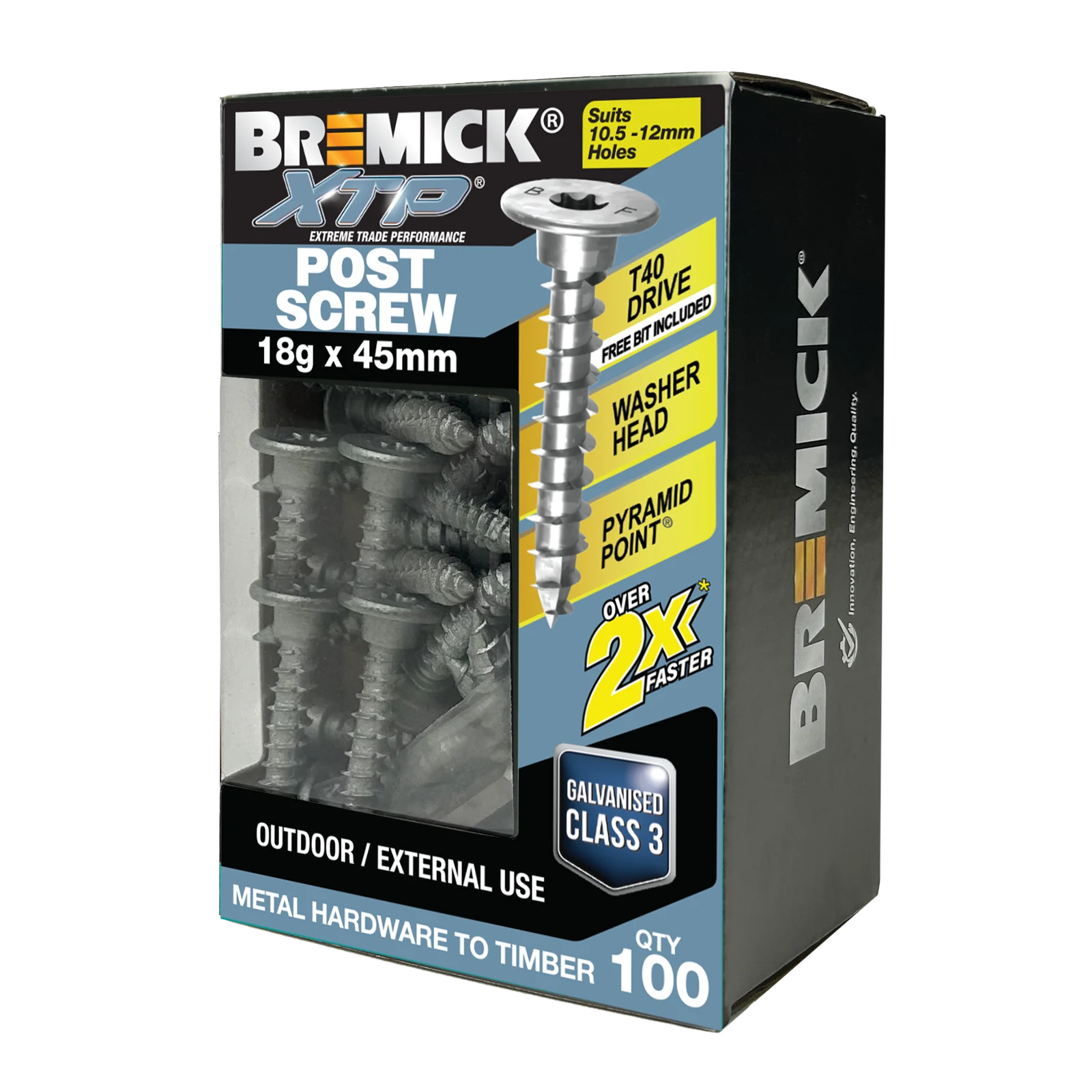 Bremick XTP 18g x 45mm Galvanised Washer Head T40 Post Screw 100 Pack