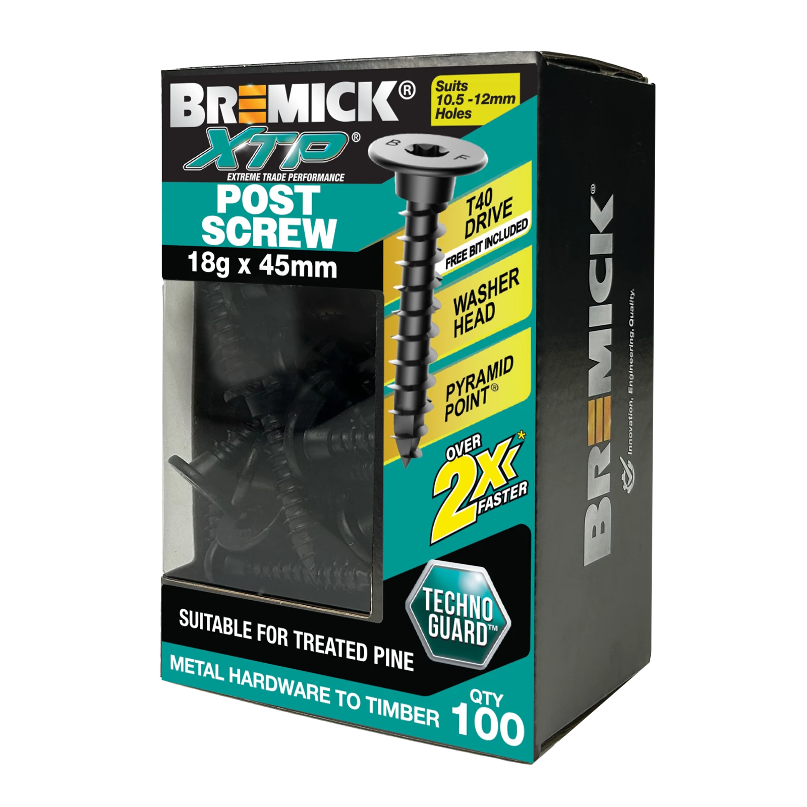 Bremick XTP 18g x 45mm TechnoGuard Black T40 Washer Head Post Screw - 100 Pack