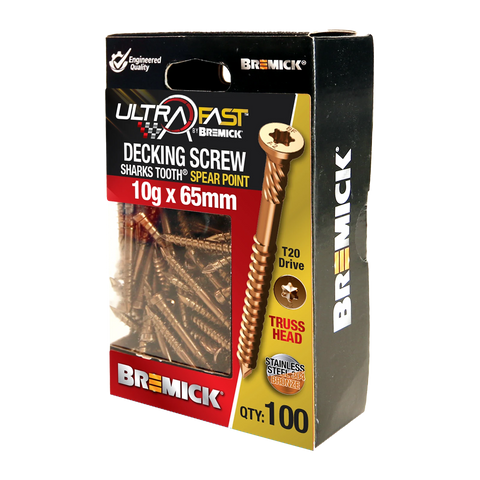 Bremick UltraFast 10g x 65mm 304 Stainless Steel Bronze T20 Truss Head Decking Screw - 100 Pack