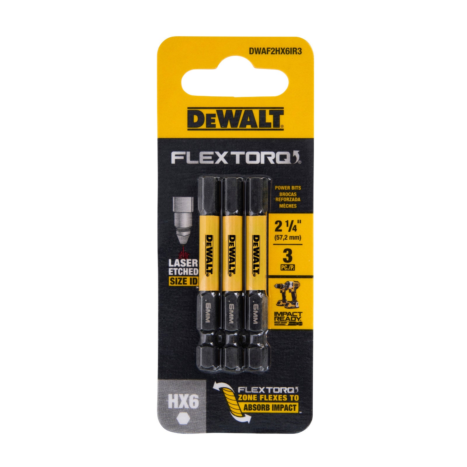 DeWALT FLEXTORQ 57mm HEX6 Impact Screwdriver Bit 3 Pack DWAF2HX6IR3