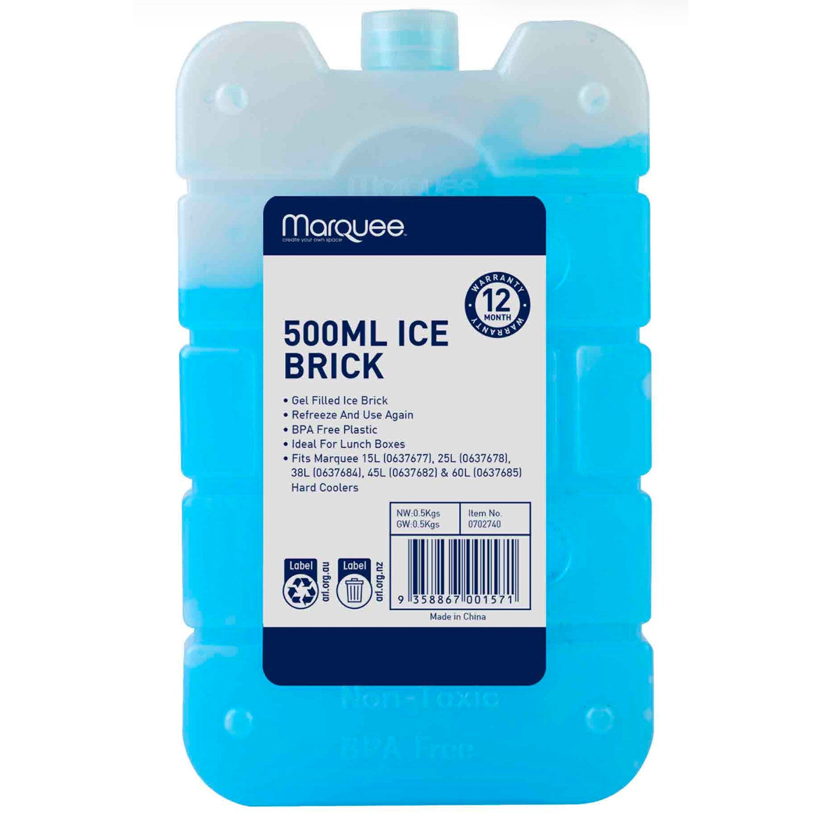 Marquee Reusable Ice Brick 500ml for Coolers and Lunch Bags