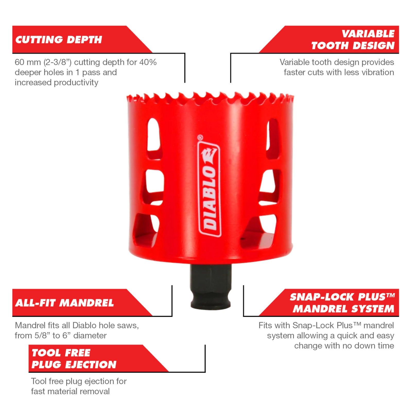 Diablo 70mm Bi-Metal Hole Saw, 60mm Depth, Wood Steel Plastics