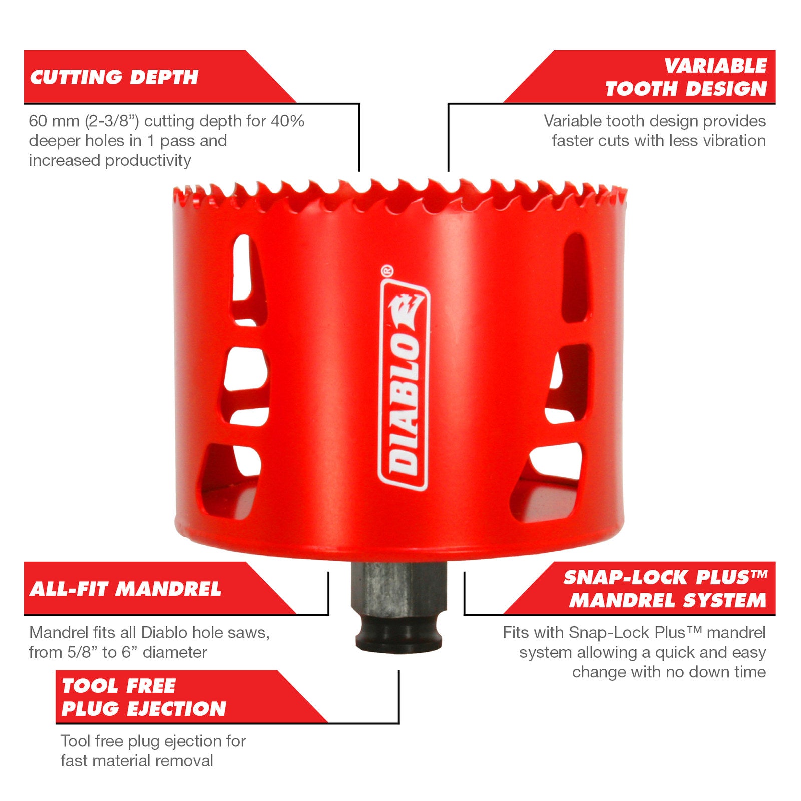Diablo 92mm Bi-Metal Hole Saw, 60mm Depth, Wood Steel Plastics