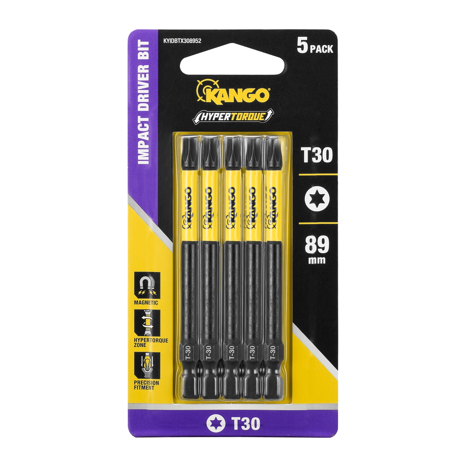 Kango 89mm TX30 Hypertorque Impact Driver Bits - 5 Pack, Torsion Zone