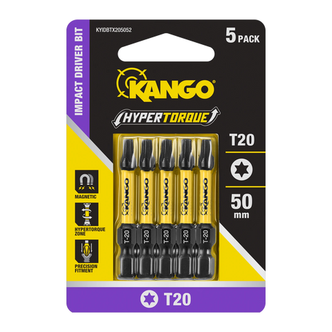 Kango 50mm TX20 Hypertorque Impact Driver Bits - 5 Pack, Torsion Zone