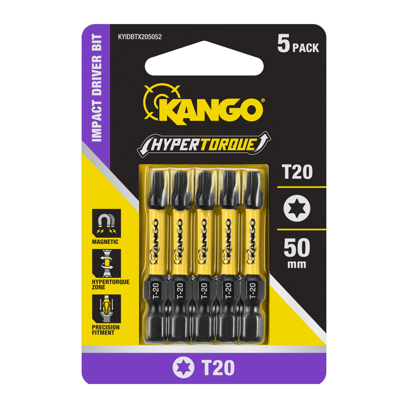 Kango 50mm TX20 Hypertorque Impact Driver Bits - 5 Pack, Torsion Zone