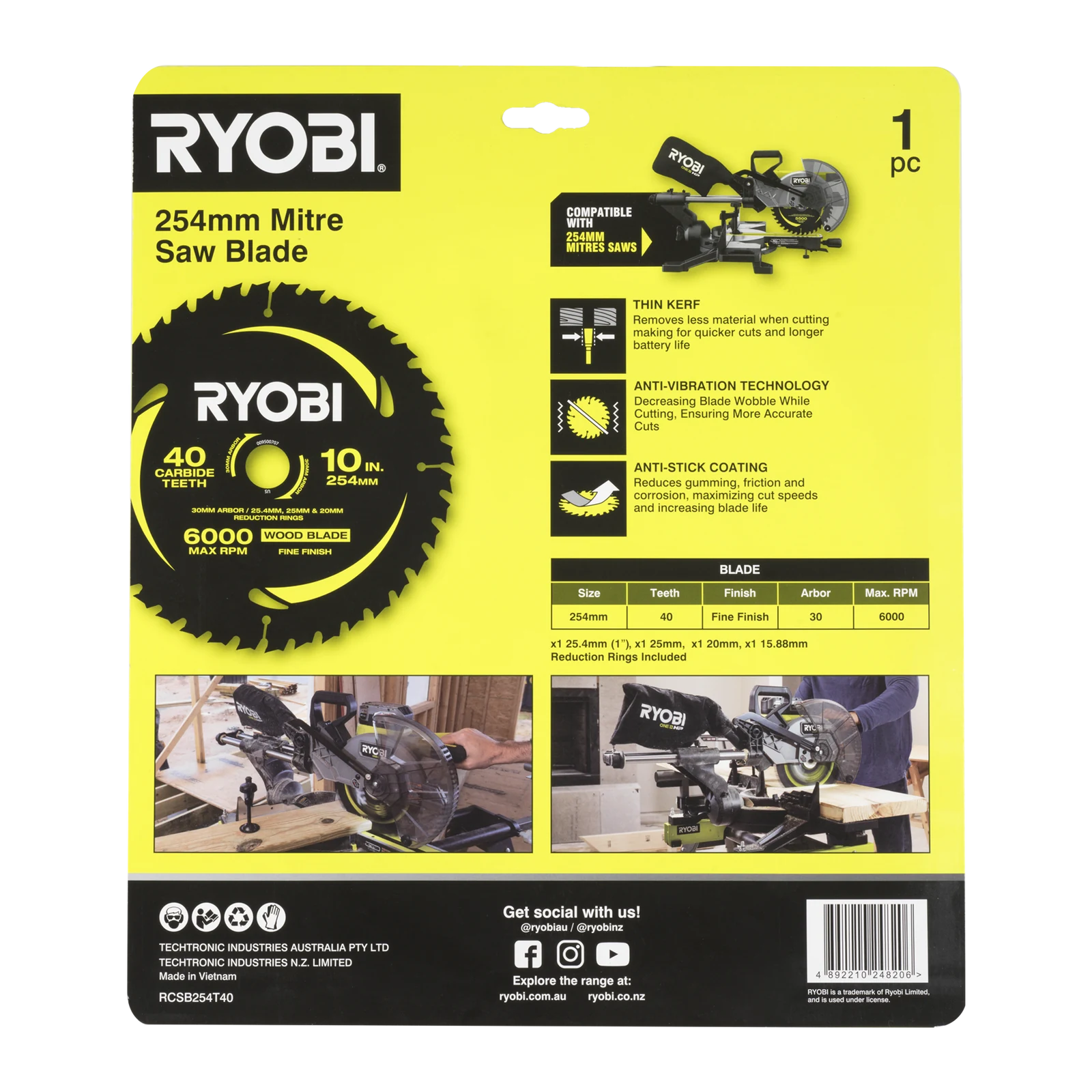 Ryobi 254mm 40T Mitre Saw Blade - Fine Finish for Timber, RCSB254T40