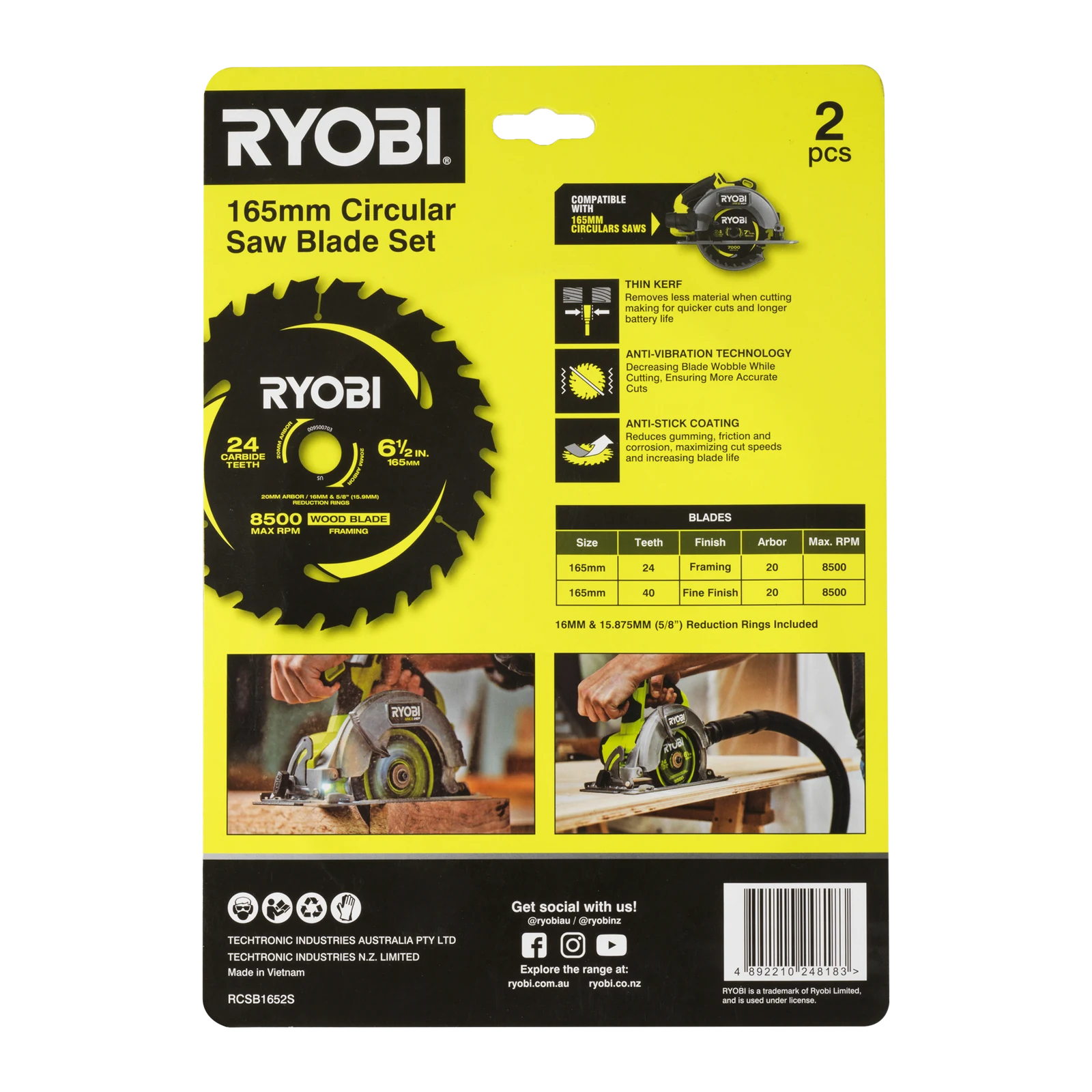 Ryobi 165mm 24T and 40T Circular Saw Blade 2 Pack - Anti-Stick Coating