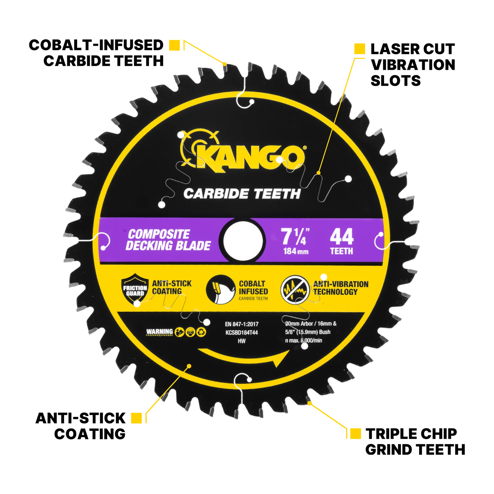 Kango 184mm 44T Composite Decking Circular Saw Blade - Triple Chip Grind Teeth
