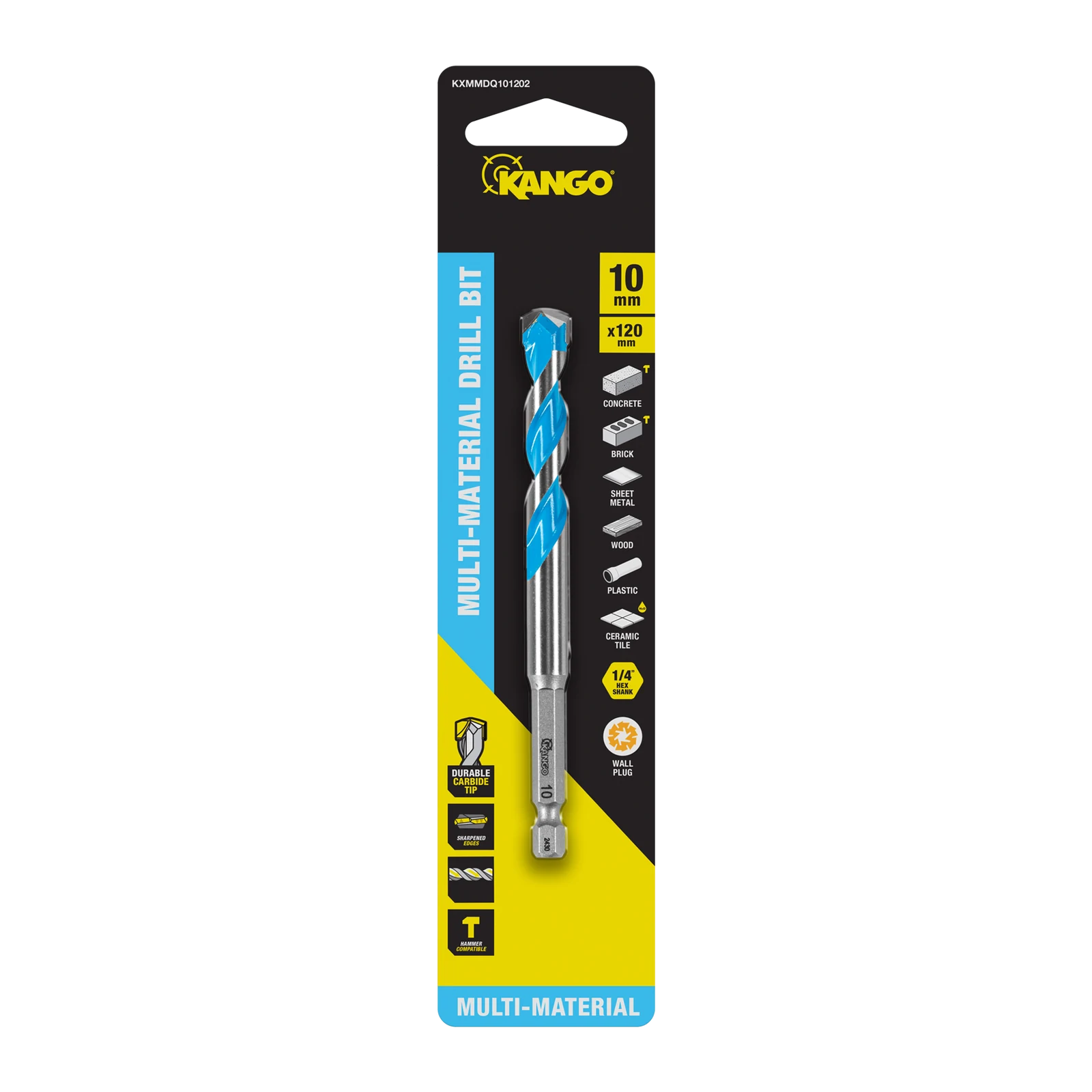Kango 10 x 120mm Multi-Material Drill Bit - 1/4" Hex Carbide Tip for Concrete, Tile, Timber & Metal