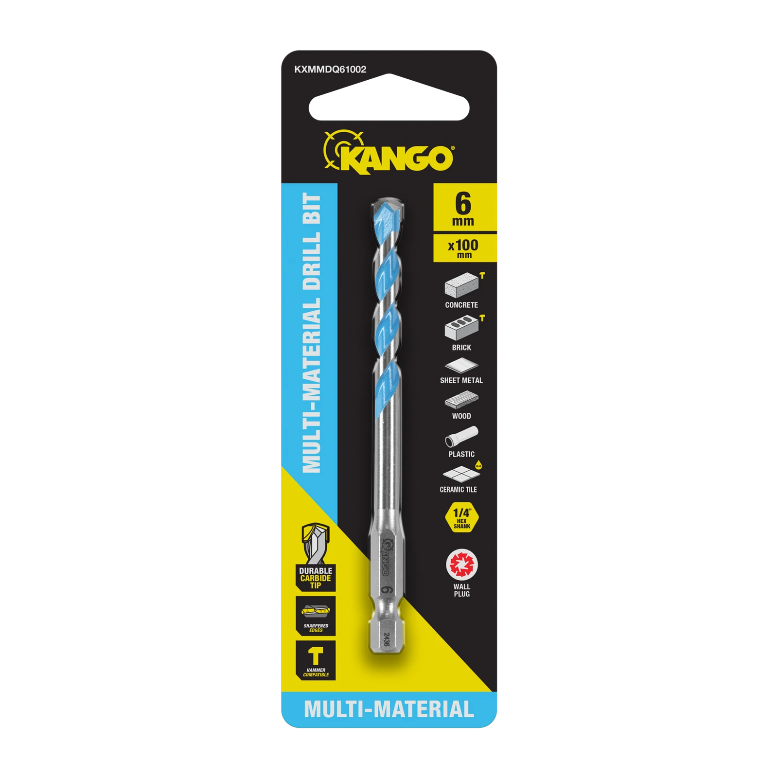 Kango 6 x 100mm Multi-Material Drill Bit - 1/4" Hex Carbide Tip for Concrete, Tile, Timber & Metal