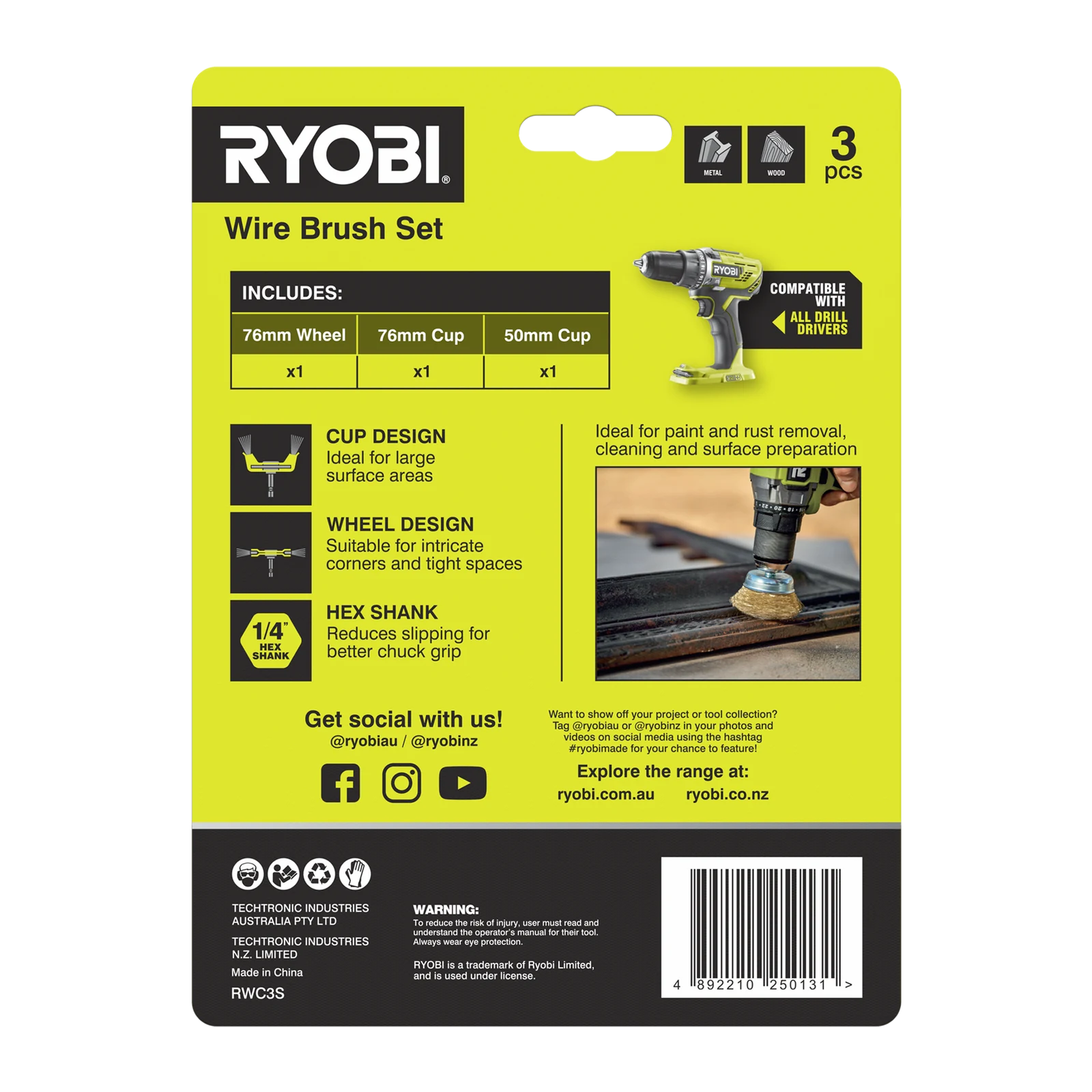 Ryobi 3 Piece Wire Brush Set - 76mm Wheel, 76mm & 50mm Cups, 1/4" Hex Shank