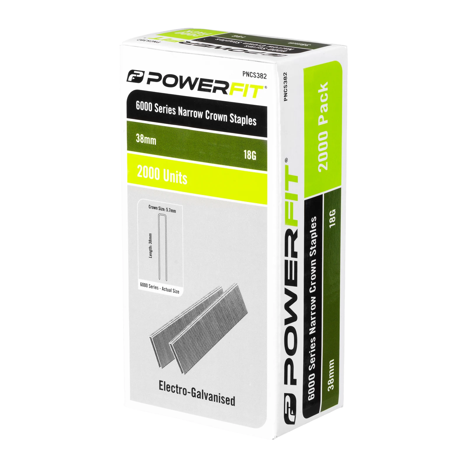 PowerFit 38mm 18 Gauge 6000 Series Electro-Galvanised Narrow Crown Staples - 2000 Pack