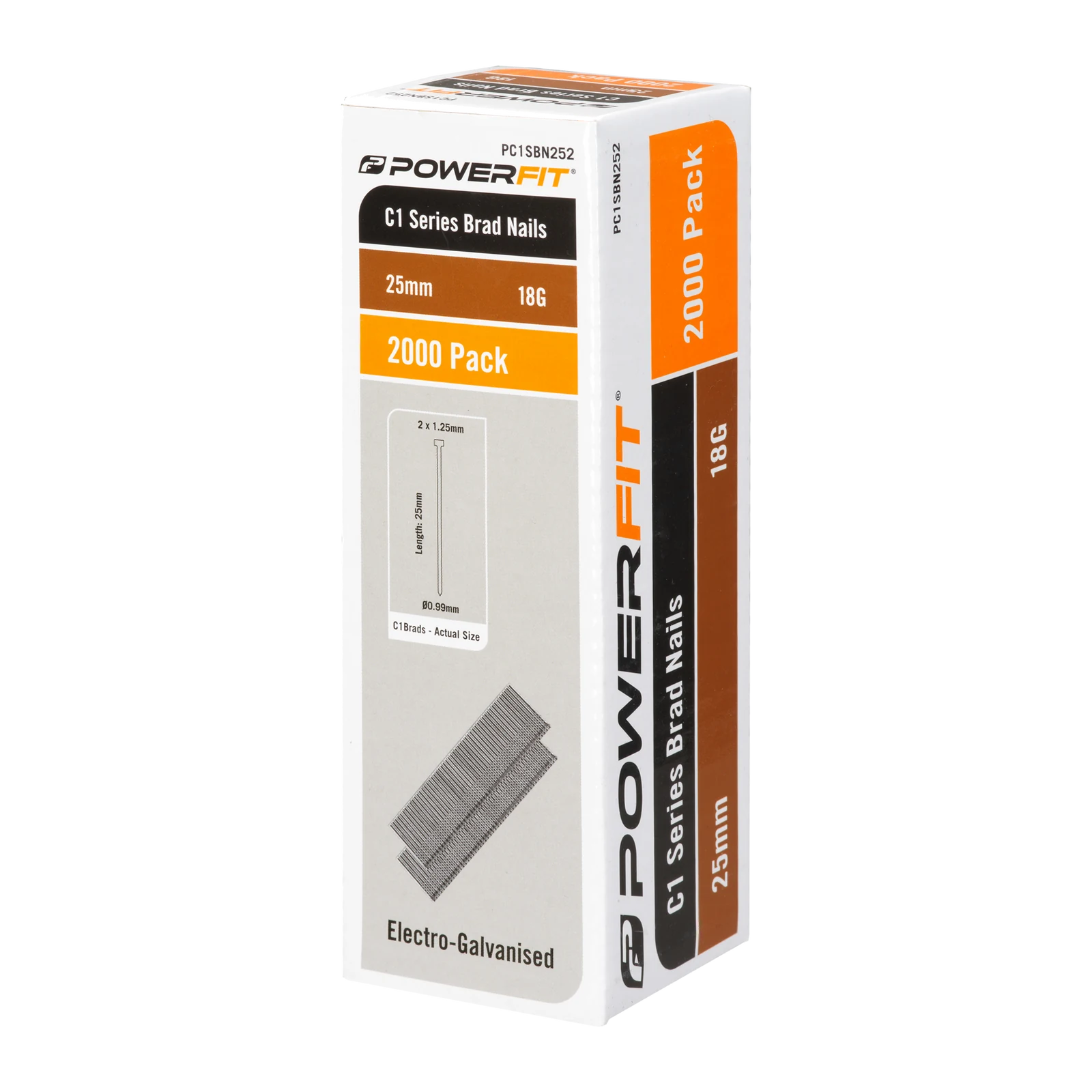 PowerFit 25mm C1 Series Brad Nails 18 Gauge Electro-Galvanised - 2000 Pack