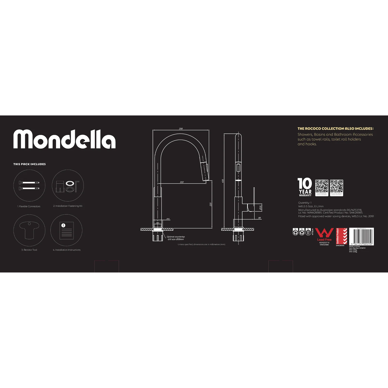 Mondella Rococo Pull Down Sink Mixer Brushed Nickel, 6L/min 5 Star, 304 Stainless Steel, Braided Hose