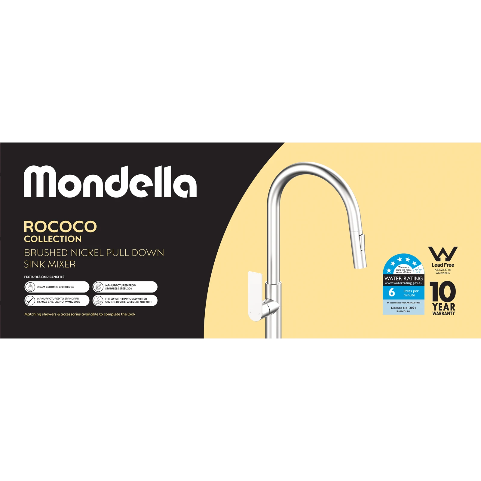 Mondella Rococo Pull Down Sink Mixer Brushed Nickel, 6L/min 5 Star, 304 Stainless Steel, Braided Hose