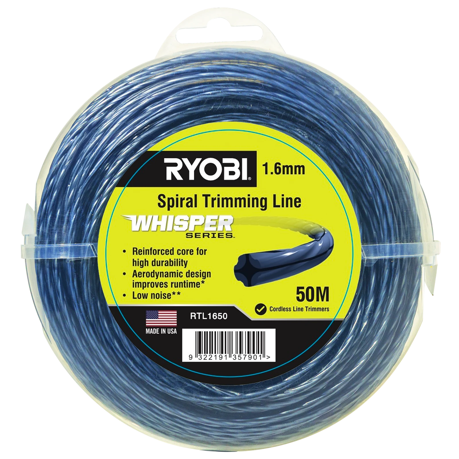 Ryobi Whisper Series Trimmer Line 1.65mm x 50m - Quiet Nylon Line for Line Trimmers