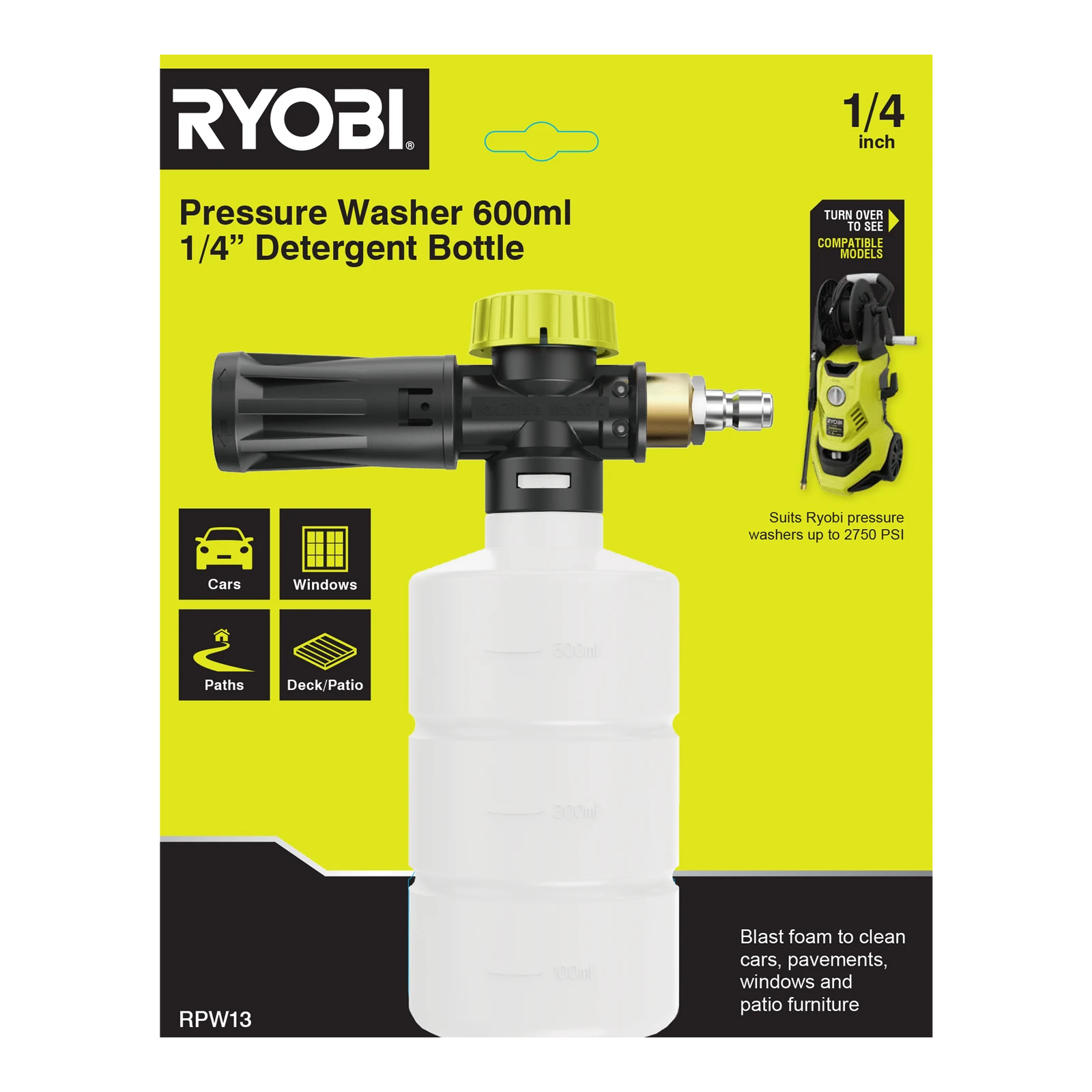Ryobi Pressure Washer Detergent Bottle 600ml - 1/4" Quick-Connect Soap Applicator