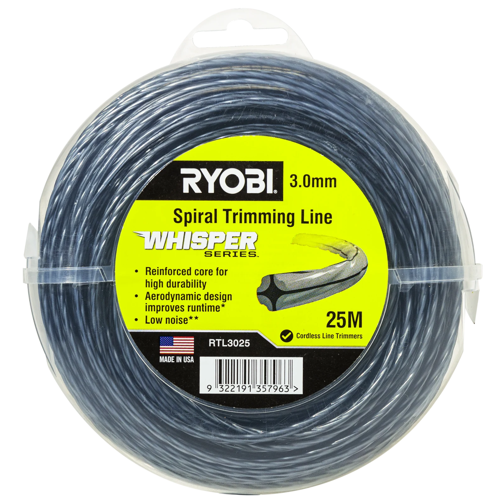 Ryobi Whisper Series Trimmer Line 3mm x 25m - Green Nylon Quiet Line for Line Trimmers