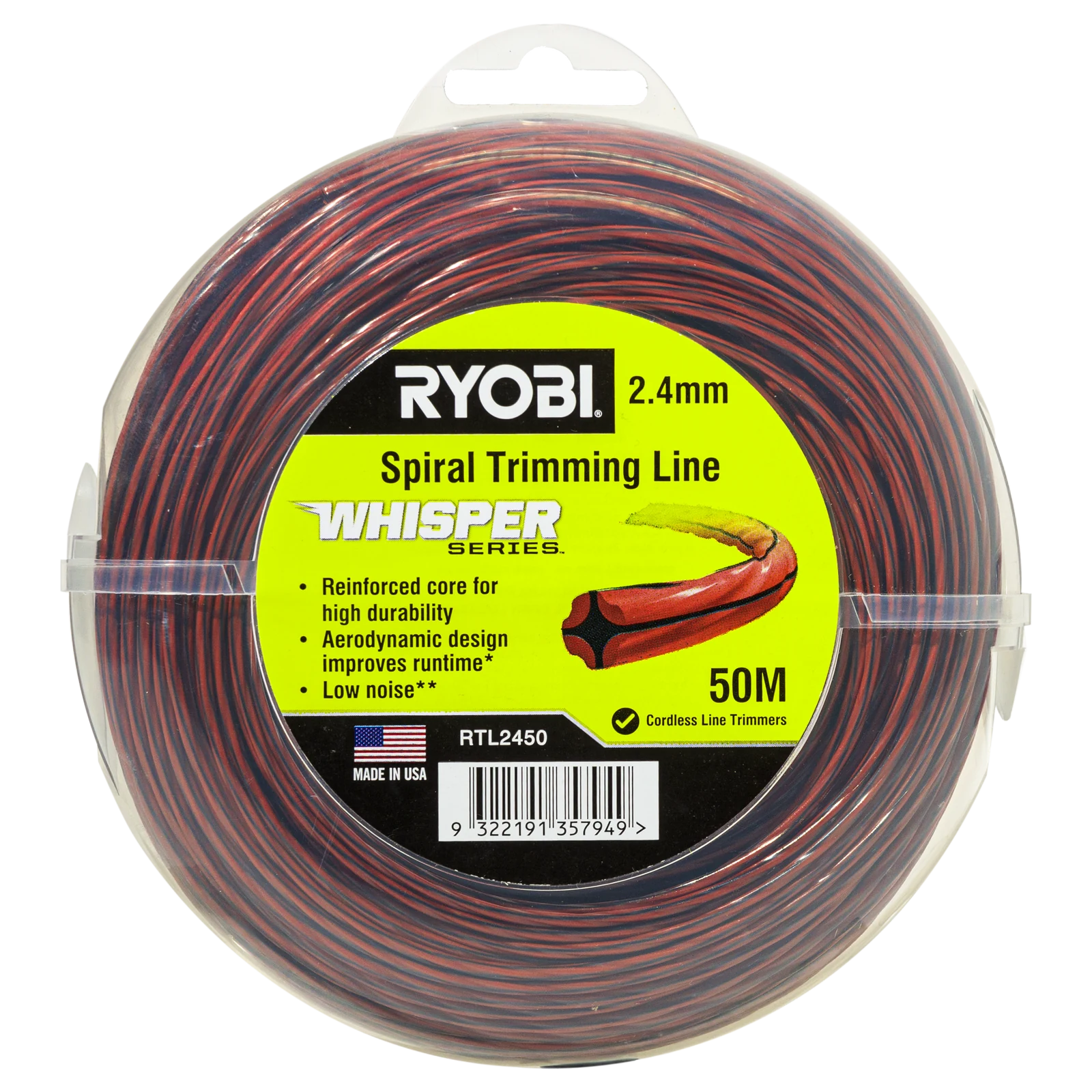 Ryobi Whisper Series Trimmer Line 2.4mm x 50m - Nylon Quiet Line for Line Trimmers