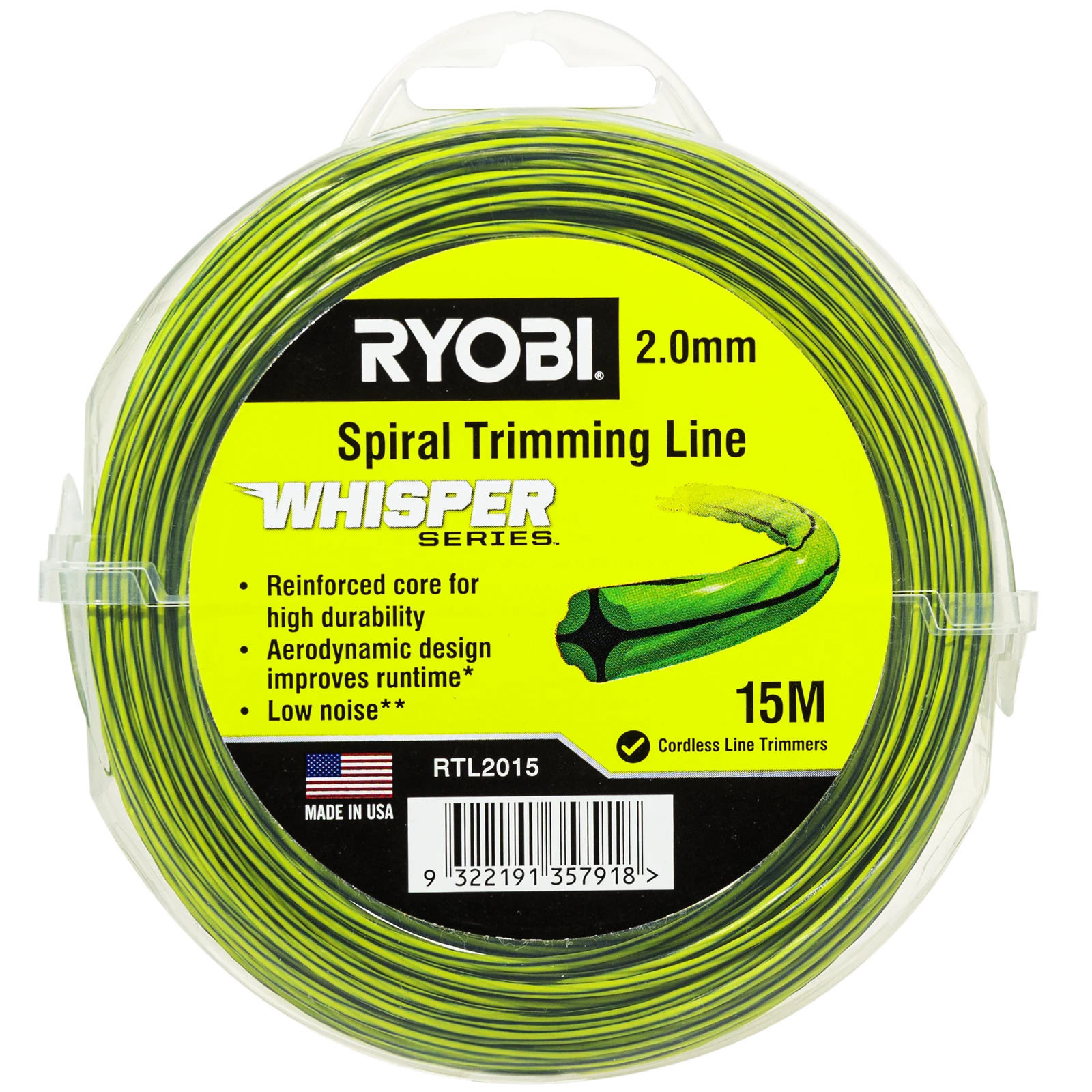 Ryobi Whisper Series Trimmer Line 2mm x 15m - Nylon Quiet Line for Line Trimmers