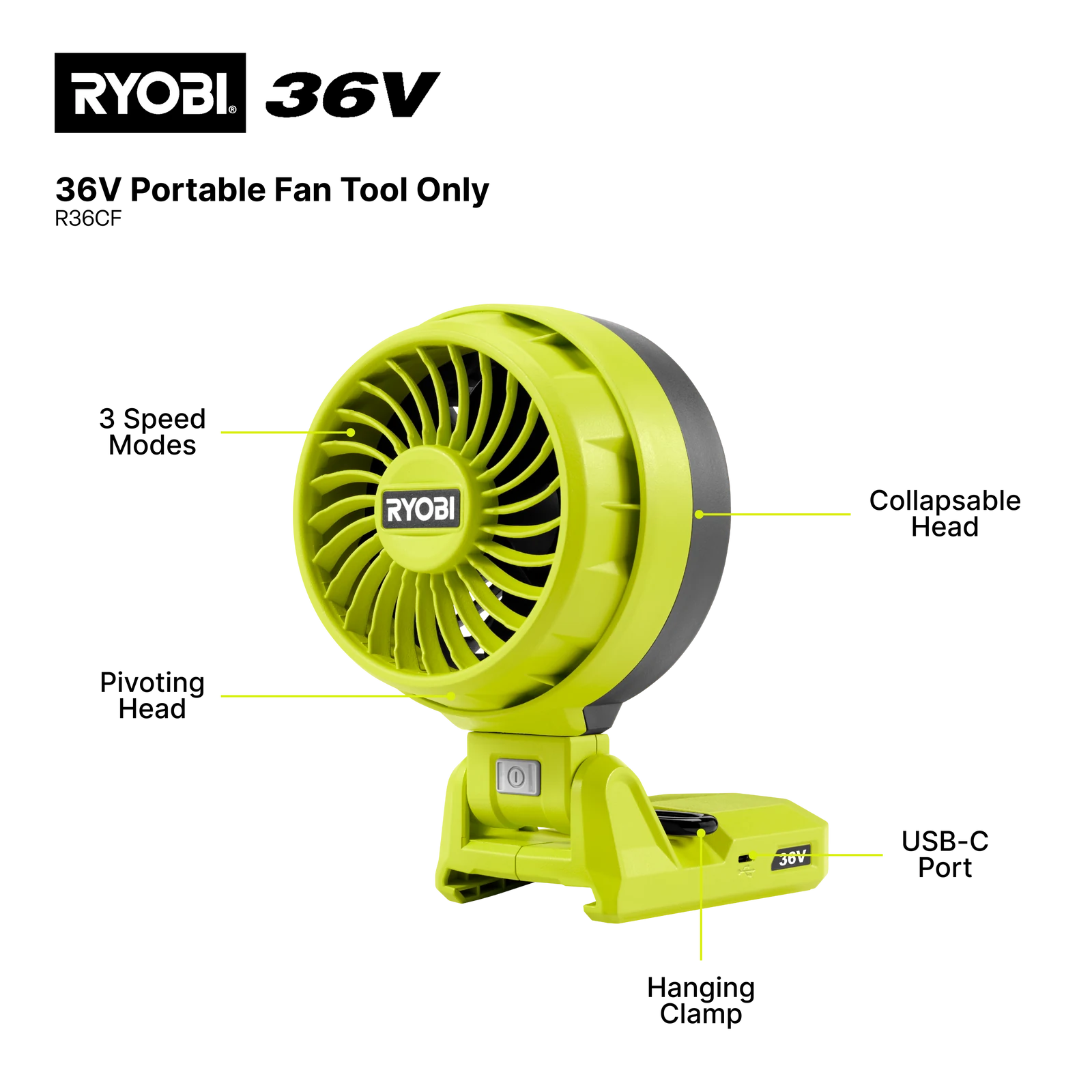 Ryobi 36V Portable Fan R36CF (Tool Only) - 3 Speed Cordless