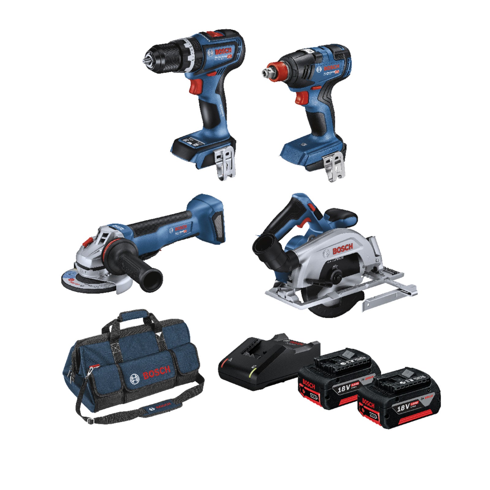 Bosch Professional 18V 4 Piece Cordless Kit with 2x 5.0Ah Batteries 0615A5008V