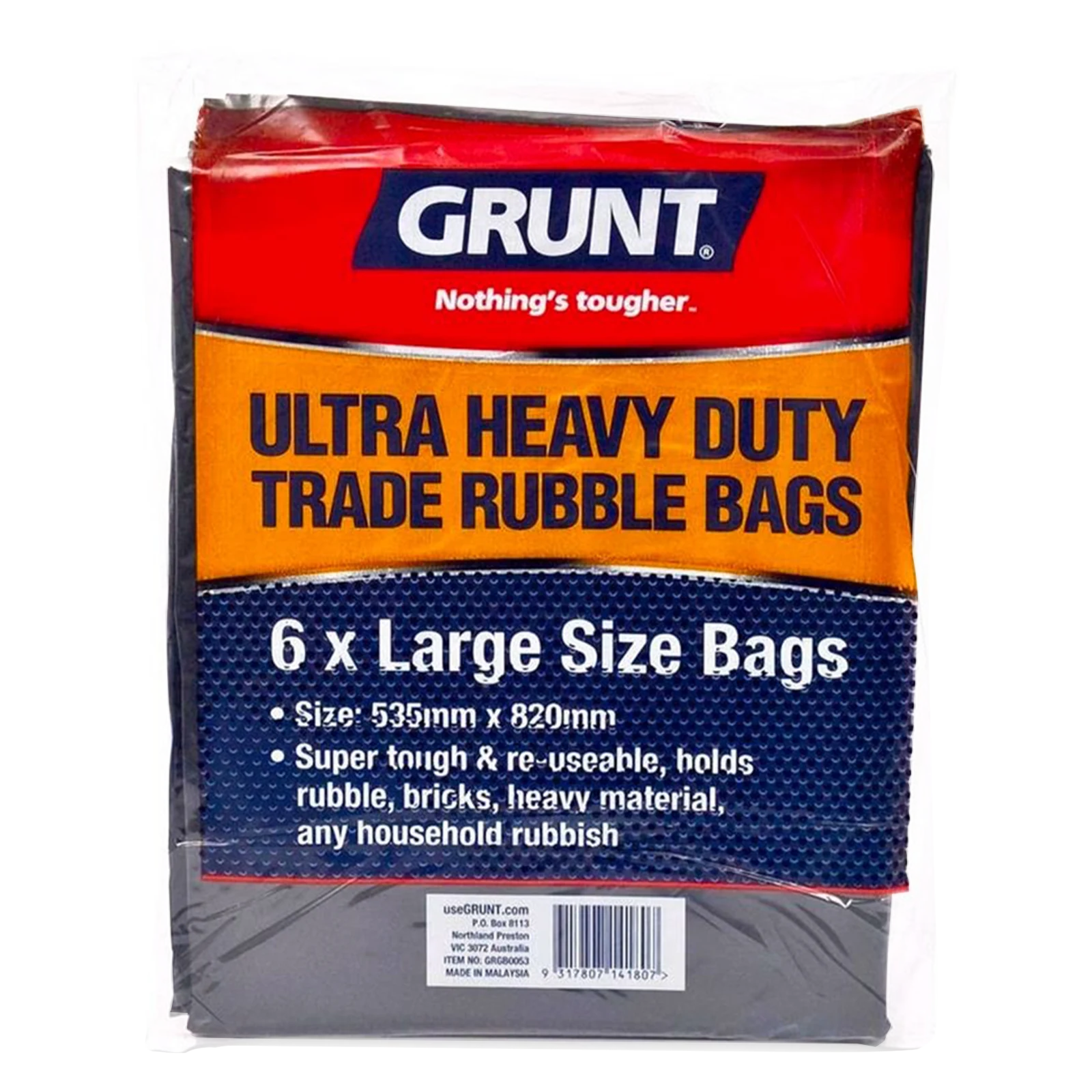 Grunt 44L Ultra Heavy Duty Trade Rubble Bags Black Waterproof 6 Pack