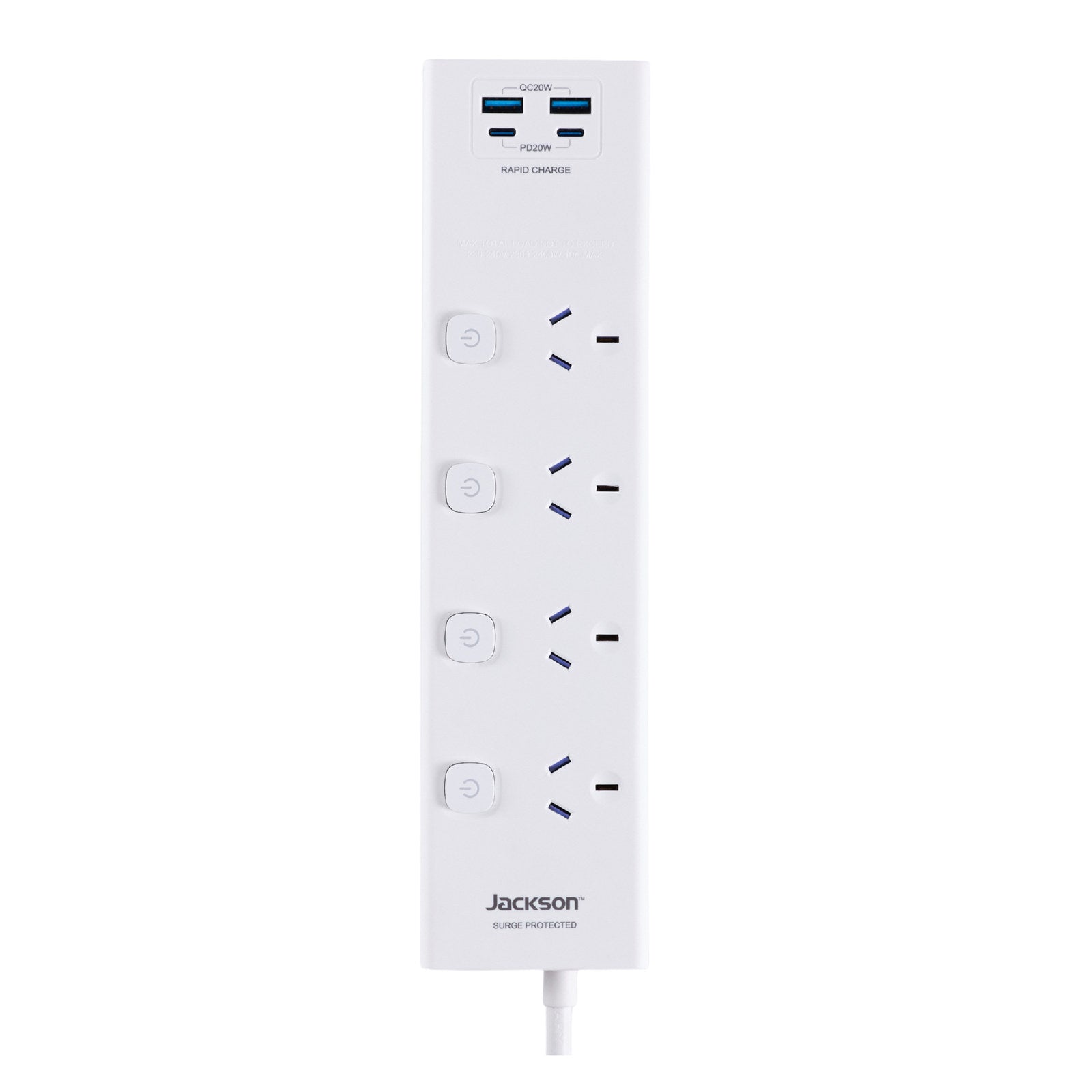 Jackson 4 Outlet Powerboard 4 Individual Switches USB-A/USB-C PD20W White PT44IS20WW
