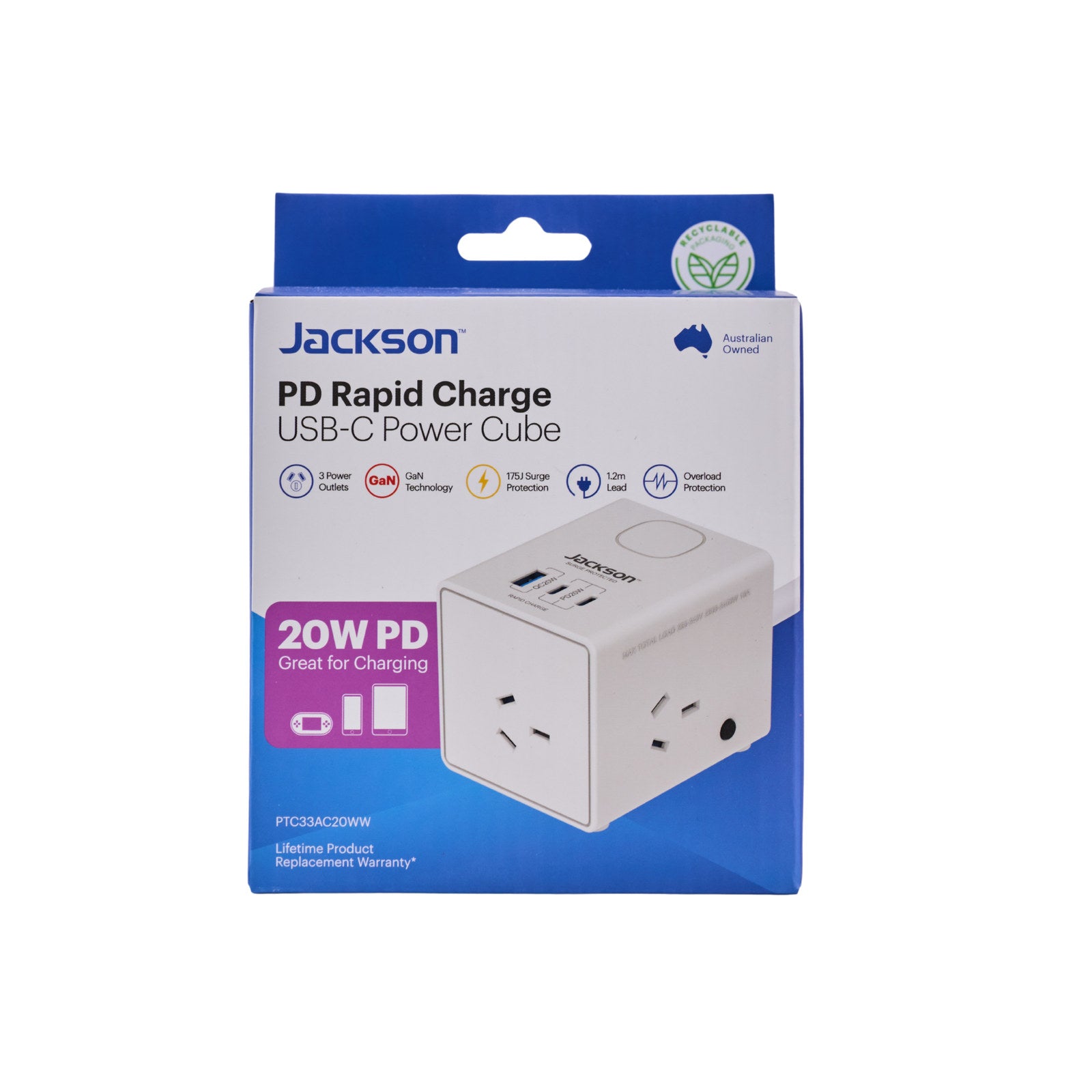 Jackson 3 Outlet Power Cube USB-A/USB-C PD20W Surge 1.2m White PTC33AC20WW