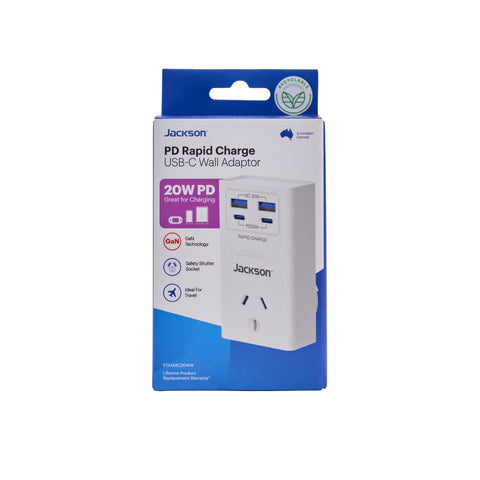 Jackson 1 Outlet Wall Adaptor with USB-A x2 & USB-C PD20W x2, White
