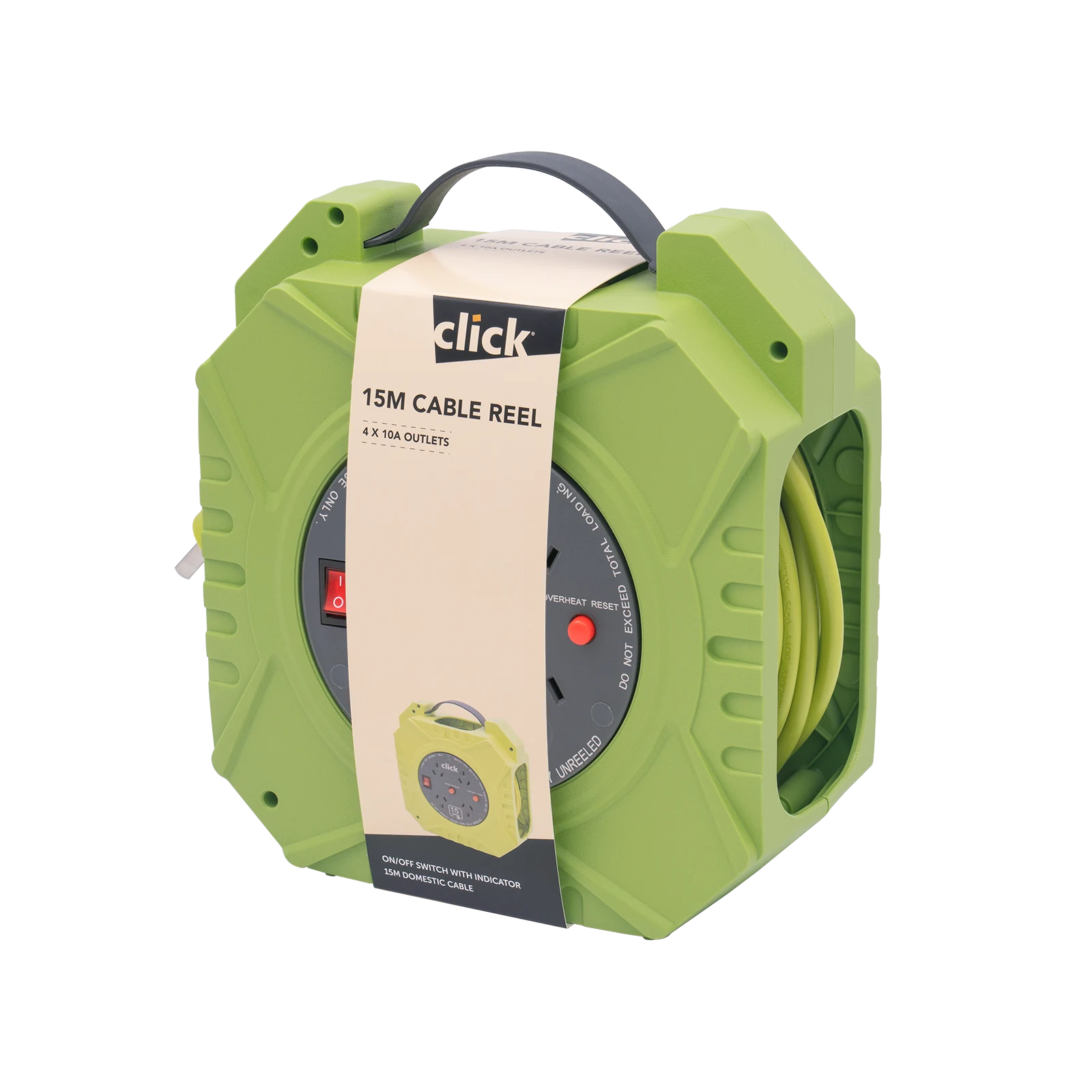Click 15m Green and Grey Domestic 4 Outlet Cable Reel CN104U-GR 10A 2400W